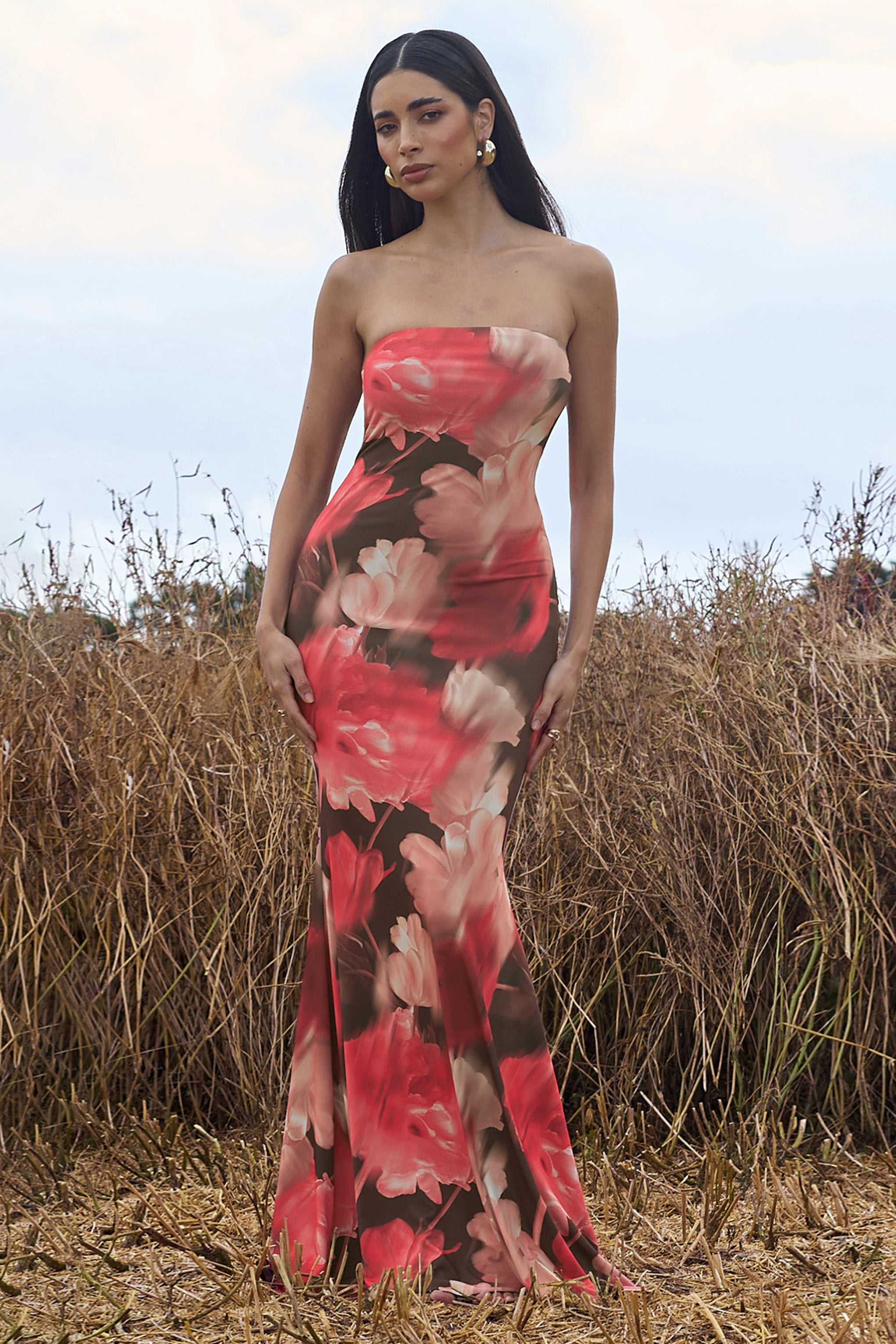 Tören | Kırmızı Çiçek Desenli Bandeau Fishtail Maxi Elbise