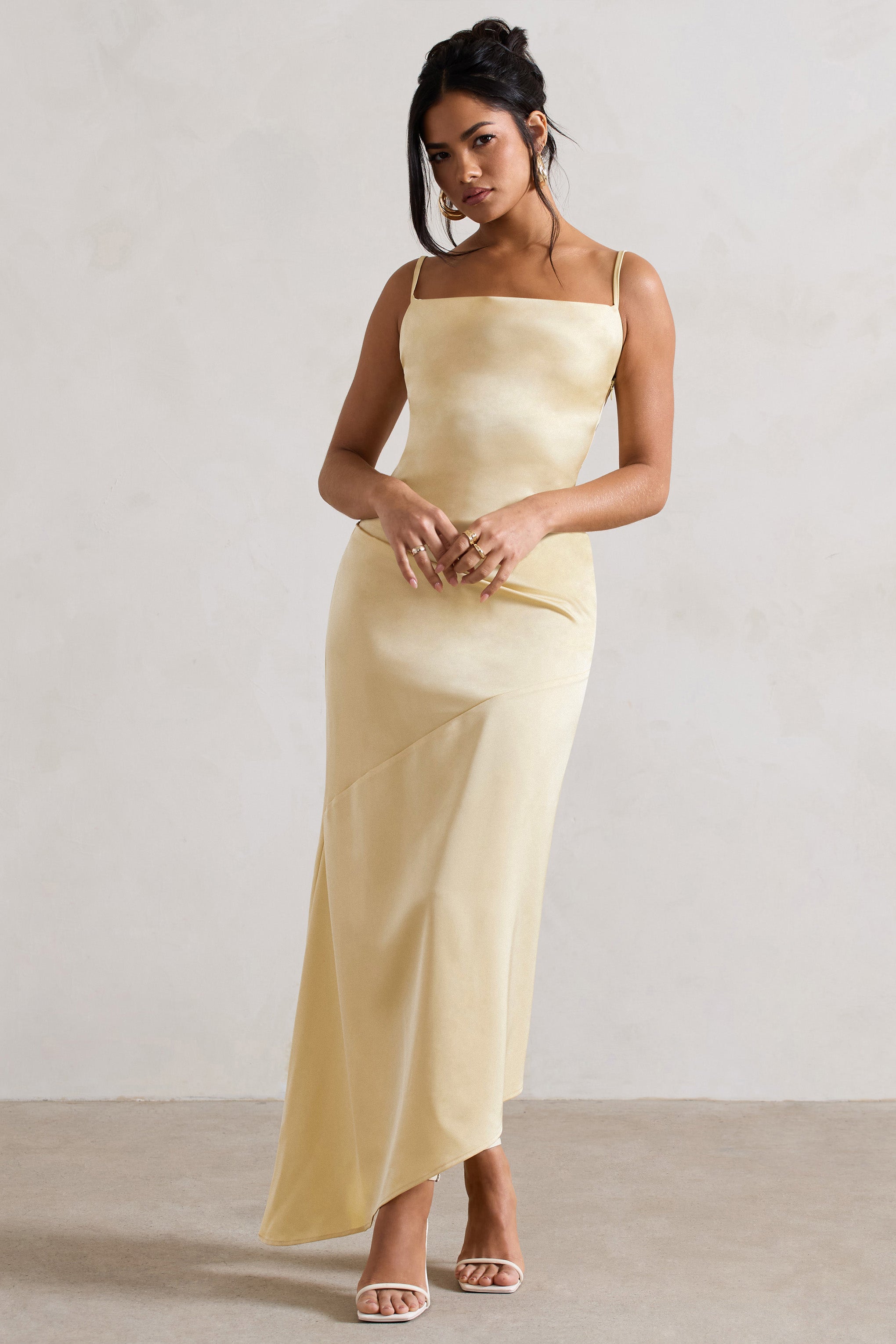 Santi | Limon Saten Cowl-Neck Asimetrik Maxi Elbise