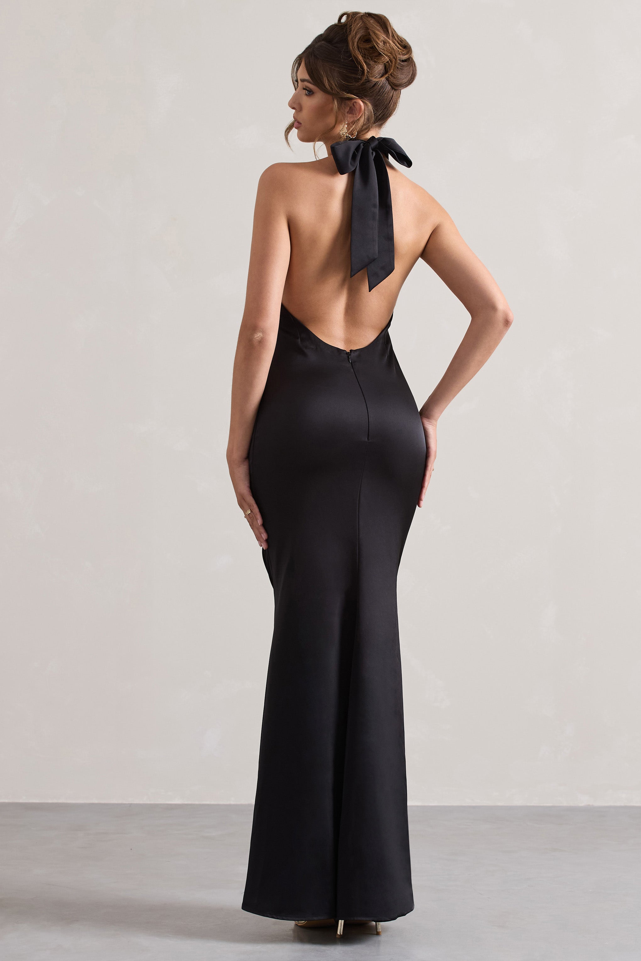 Rakipsiz | Siyah Saten Çapraz Halter Yaka Maxi Elbise