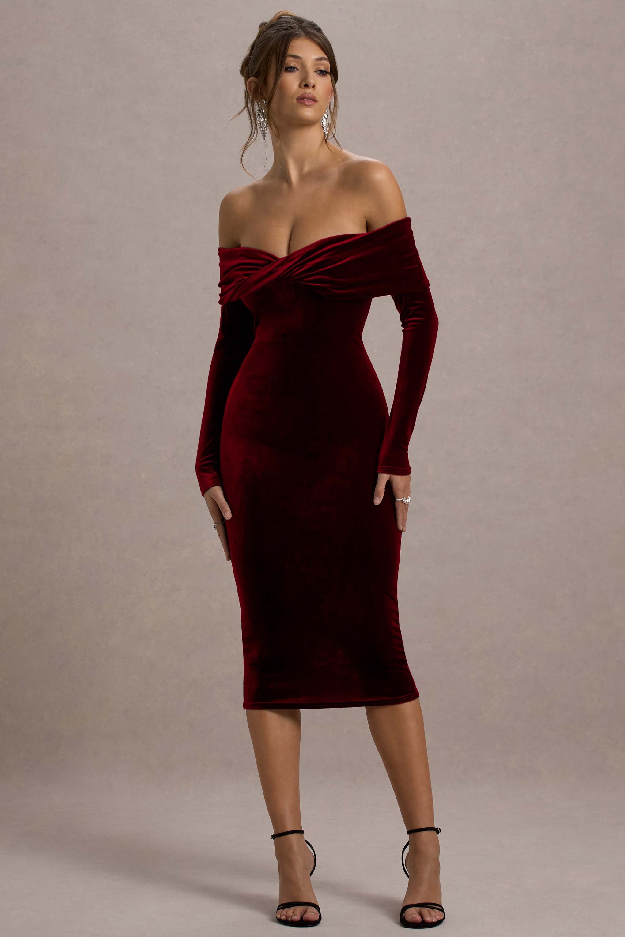 Tebrik | Berry Kadife Bardot Midi Elbise