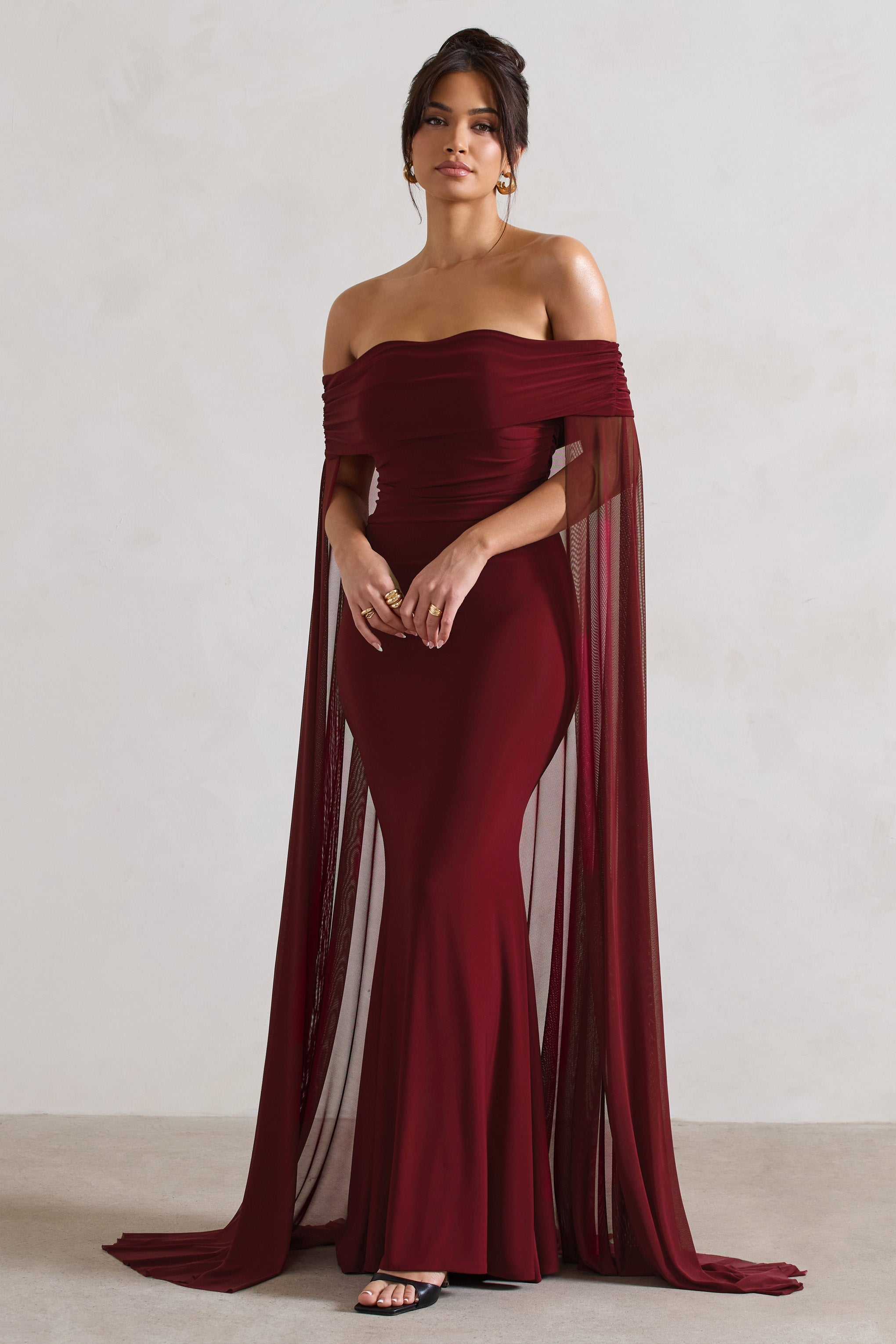 Carlotta | Şifon Pelerinli Berry Bardot Maxi Elbise