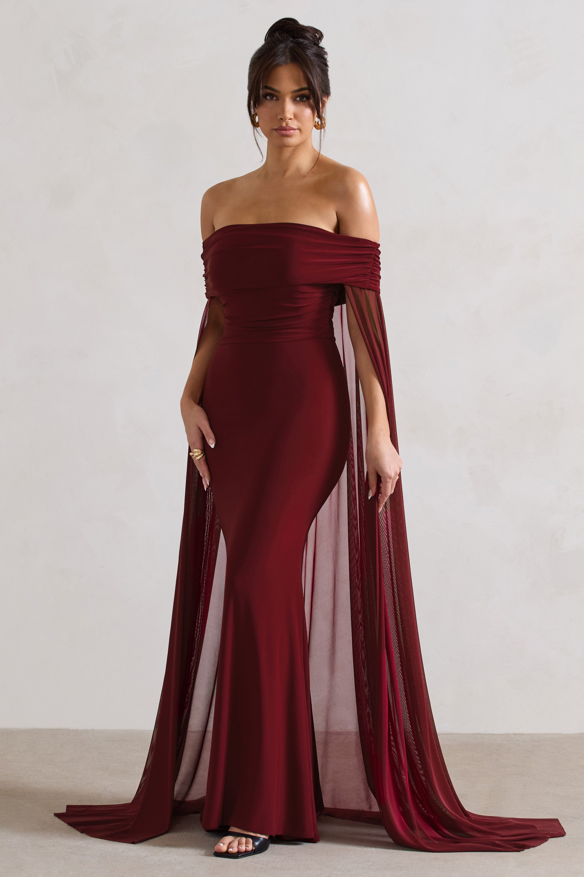 Carlotta | Şifon Pelerinli Berry Bardot Maxi Elbise