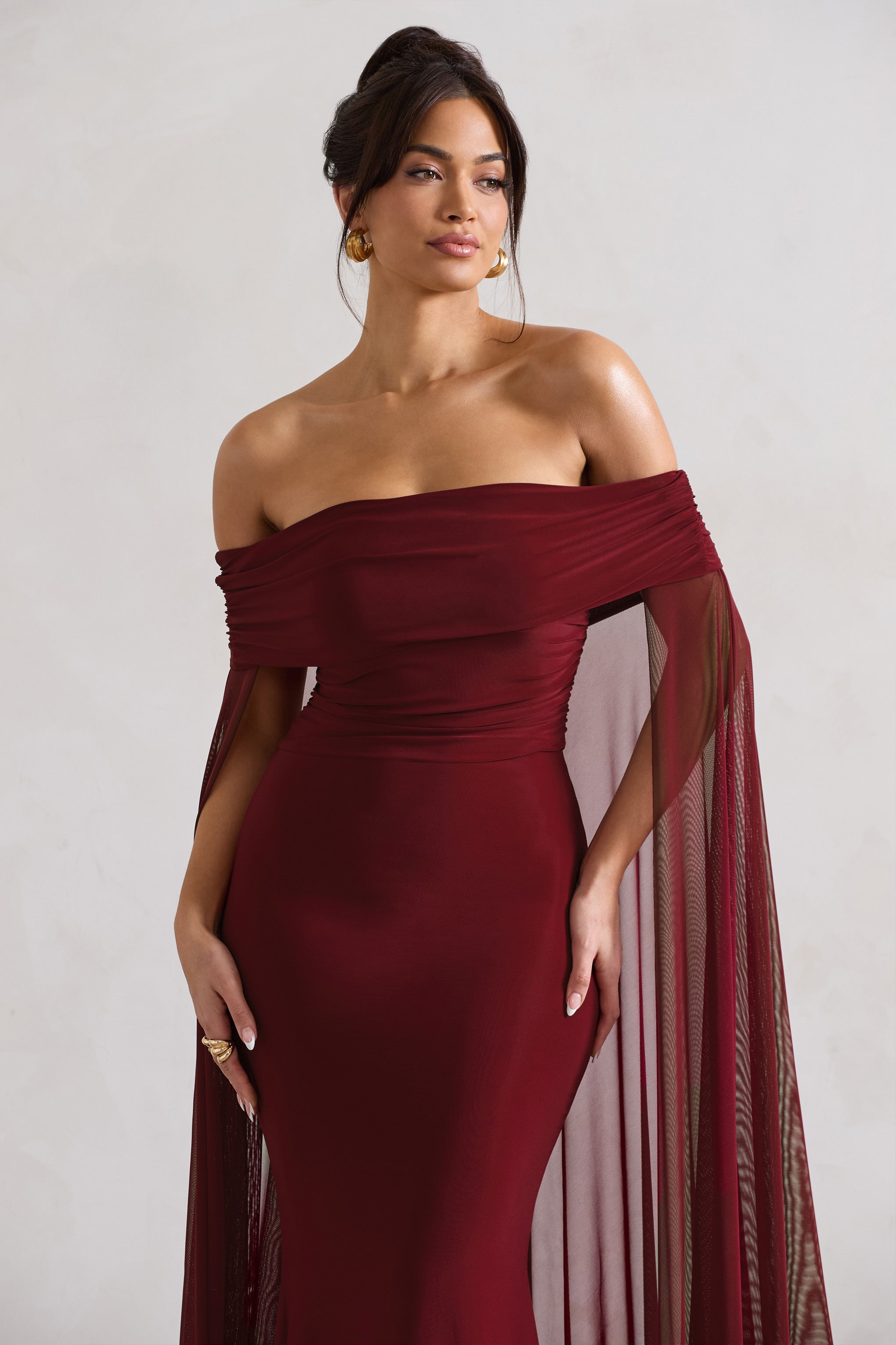 Carlotta | Şifon Pelerinli Berry Bardot Maxi Elbise