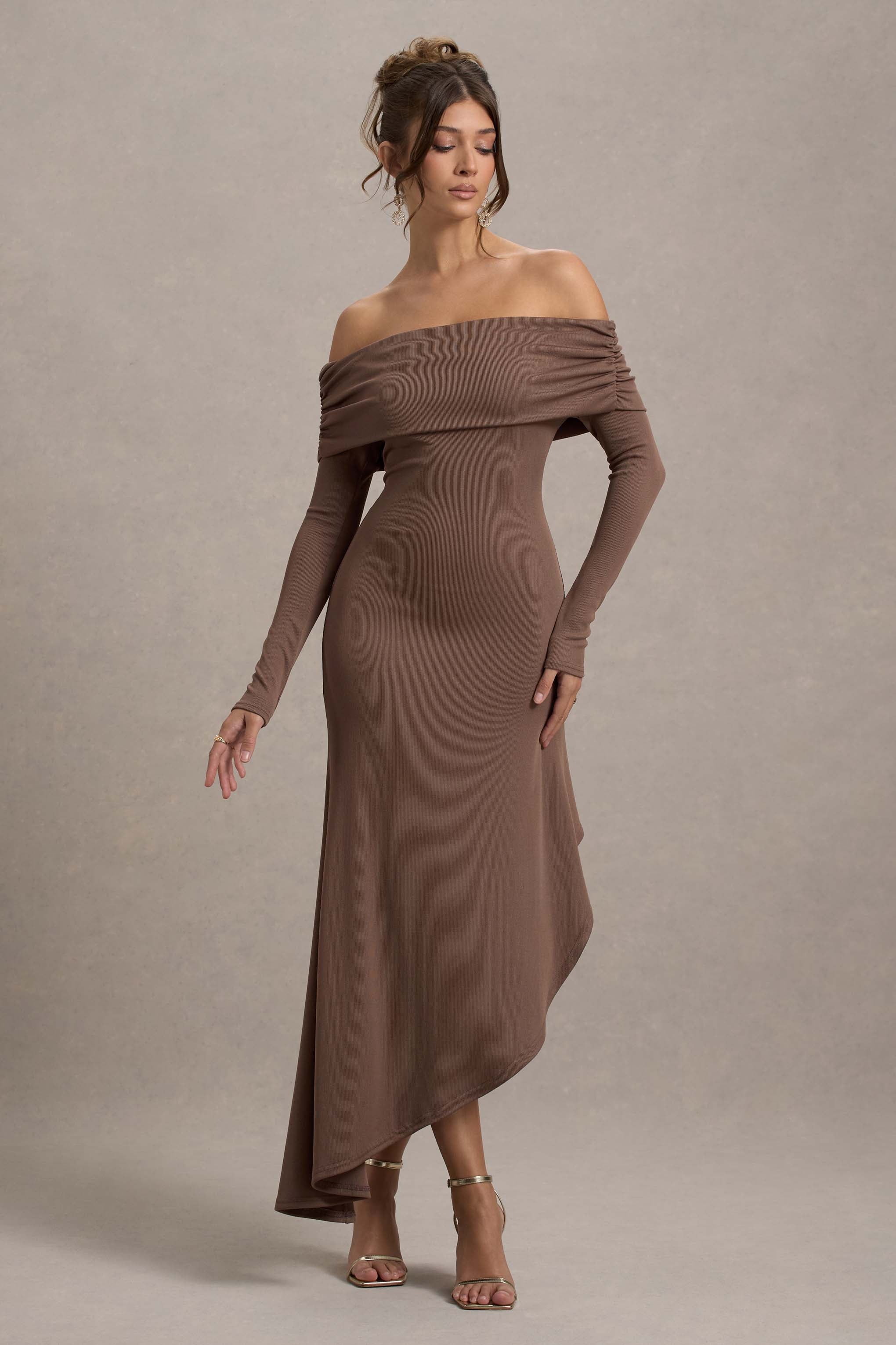 Romina | Mocha Rib Triko Bardot Maxi Elbise Asimetrik Etek Ucu ile