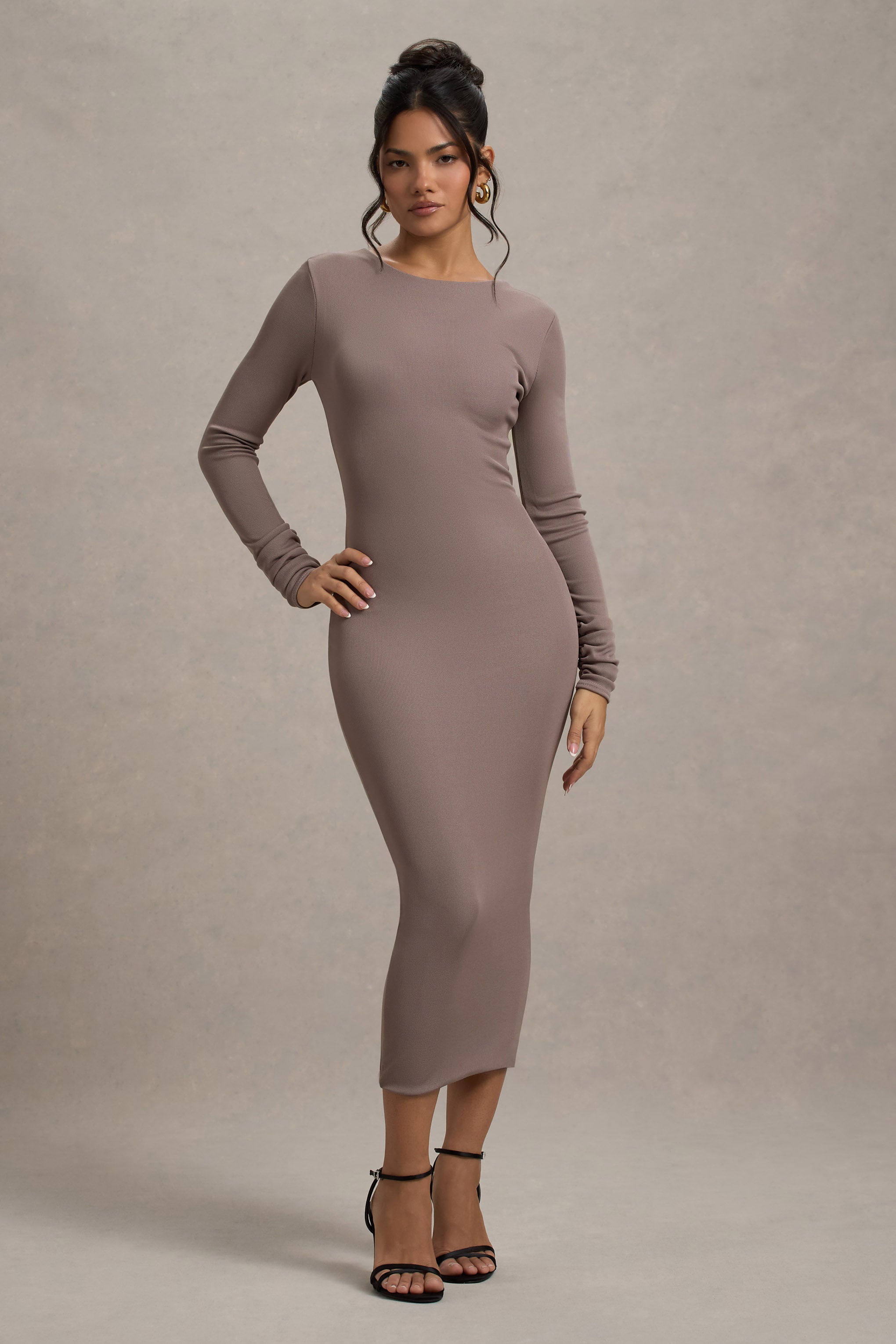 Madden | Taupe Rib Triko Cowl-Back Midi Elbise