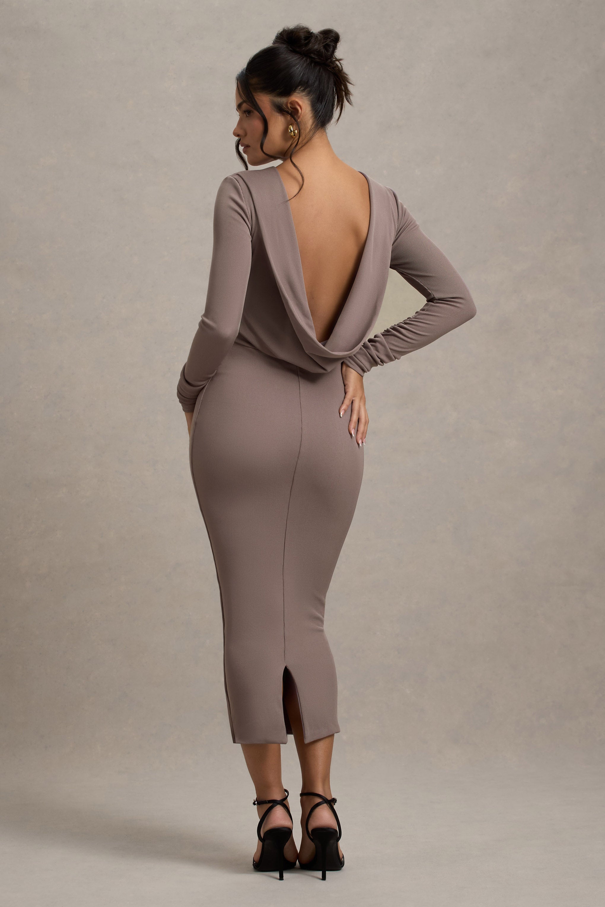 Madden | Taupe Rib Triko Cowl-Back Midi Elbise