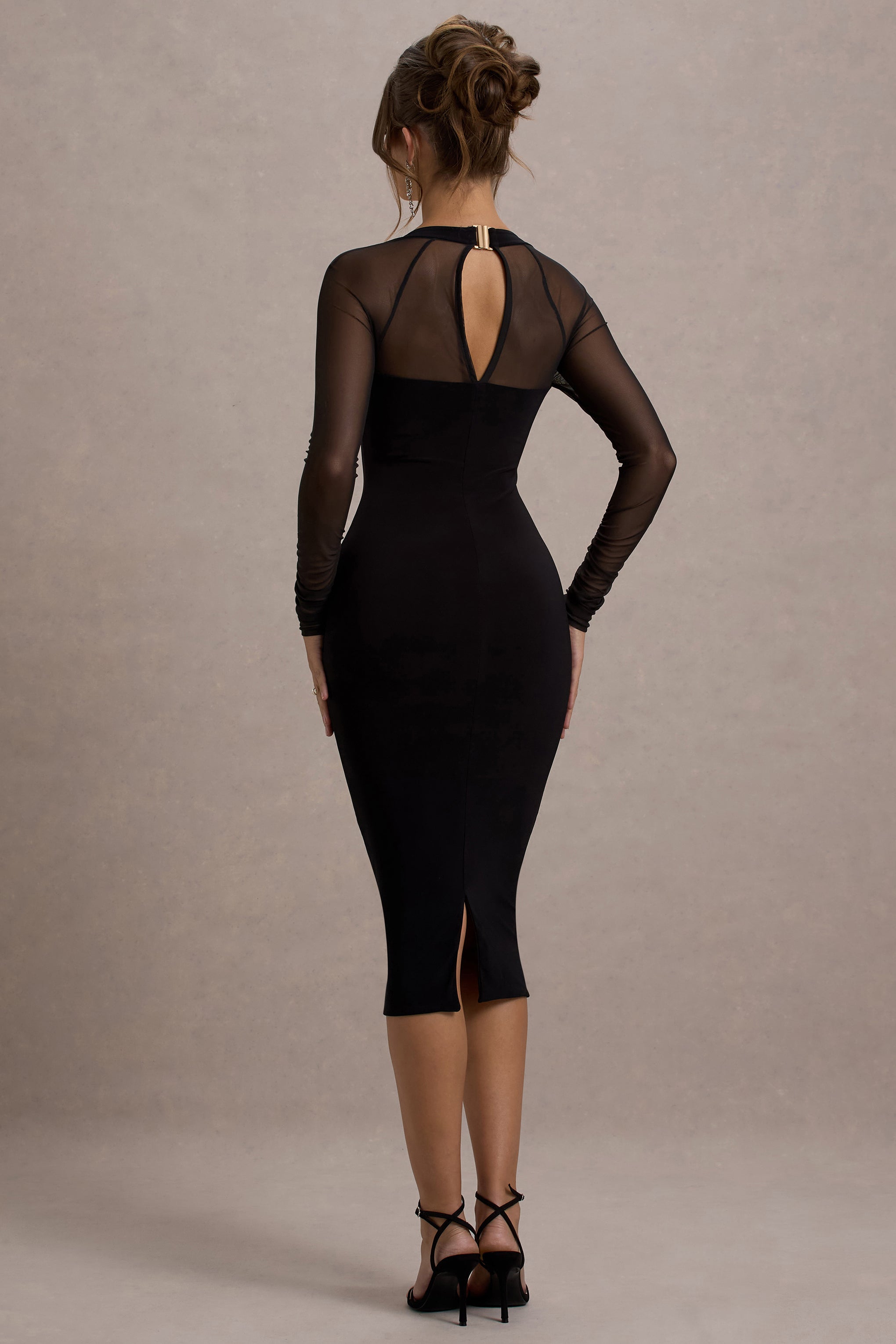 Off Track | Siyah Bodycon Midi Elbise Şeffaf Kollarla