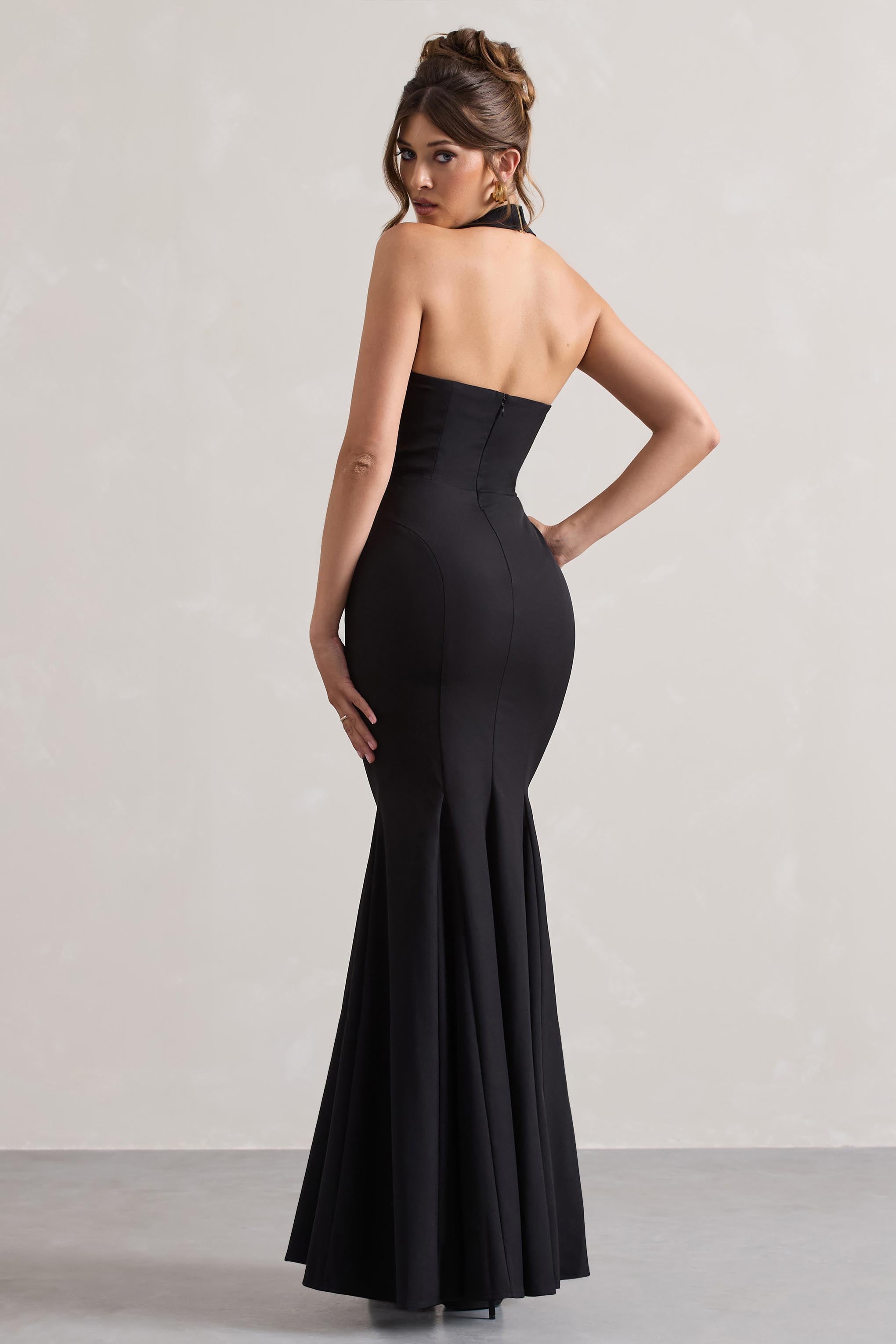 Plaza | Siyah Derin Yaka Halter Boy Fishtail Elbise