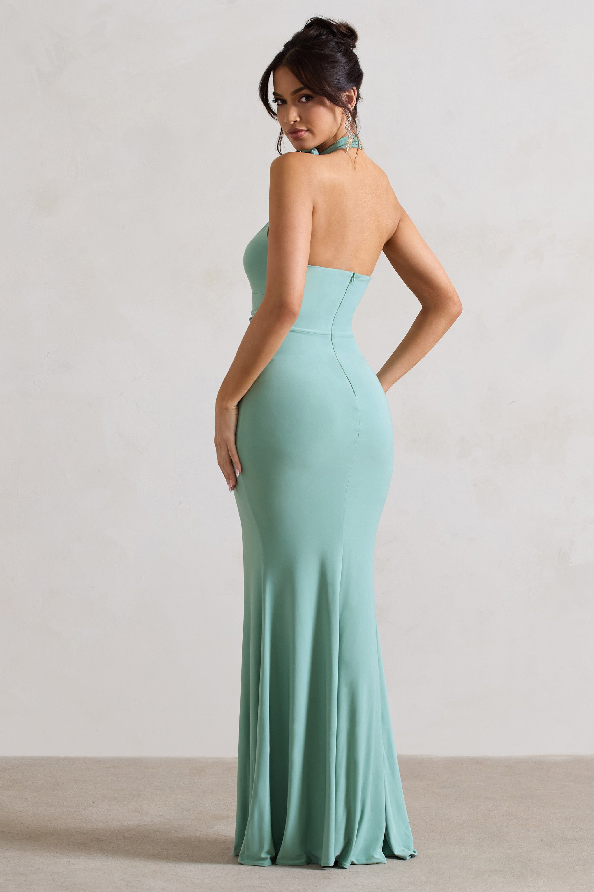 Kira | Çiçekli Sage Halter Yaka Kesik Maxi Elbise