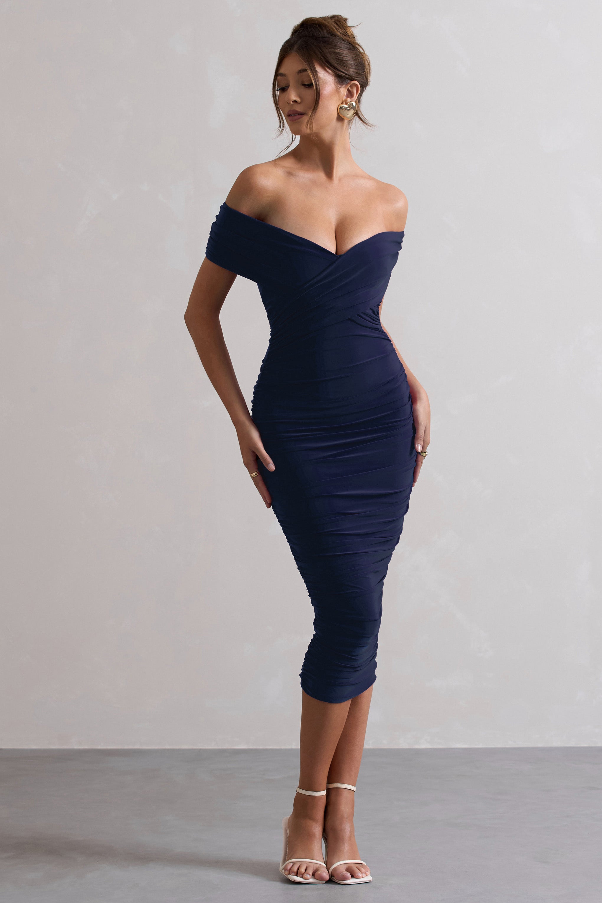 Unwrapped | Lacivert Kırışık Twist Bardot Midi Elbise