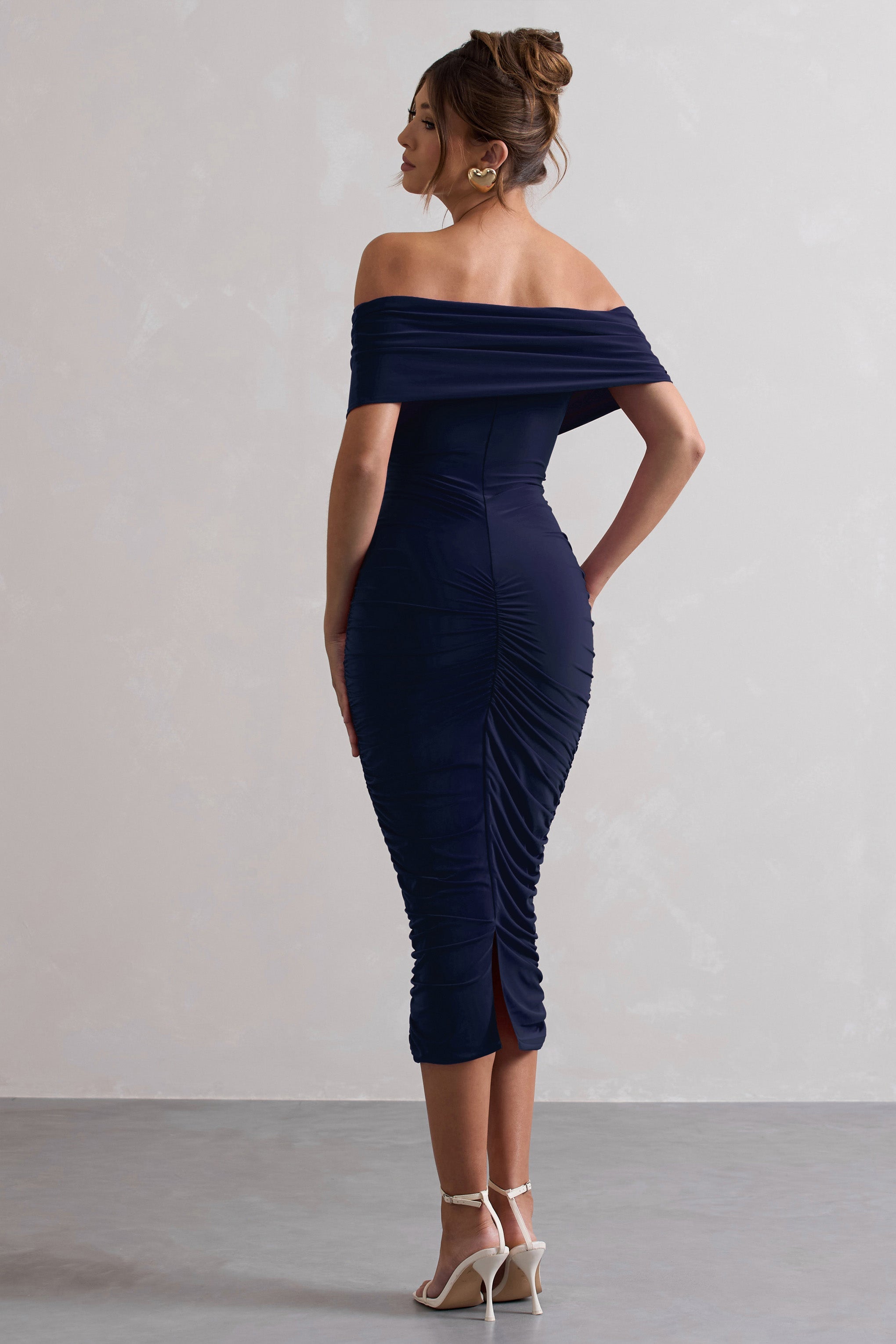 Unwrapped | Lacivert Kırışık Twist Bardot Midi Elbise