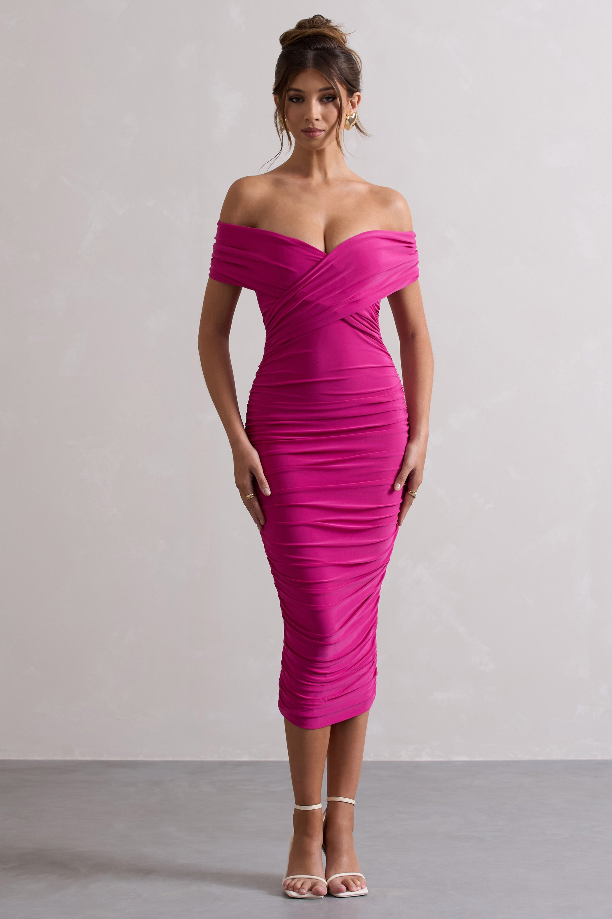 Paketsiz | Koyu Pembe Fırfırlı Twist Bardot Midi Elbise