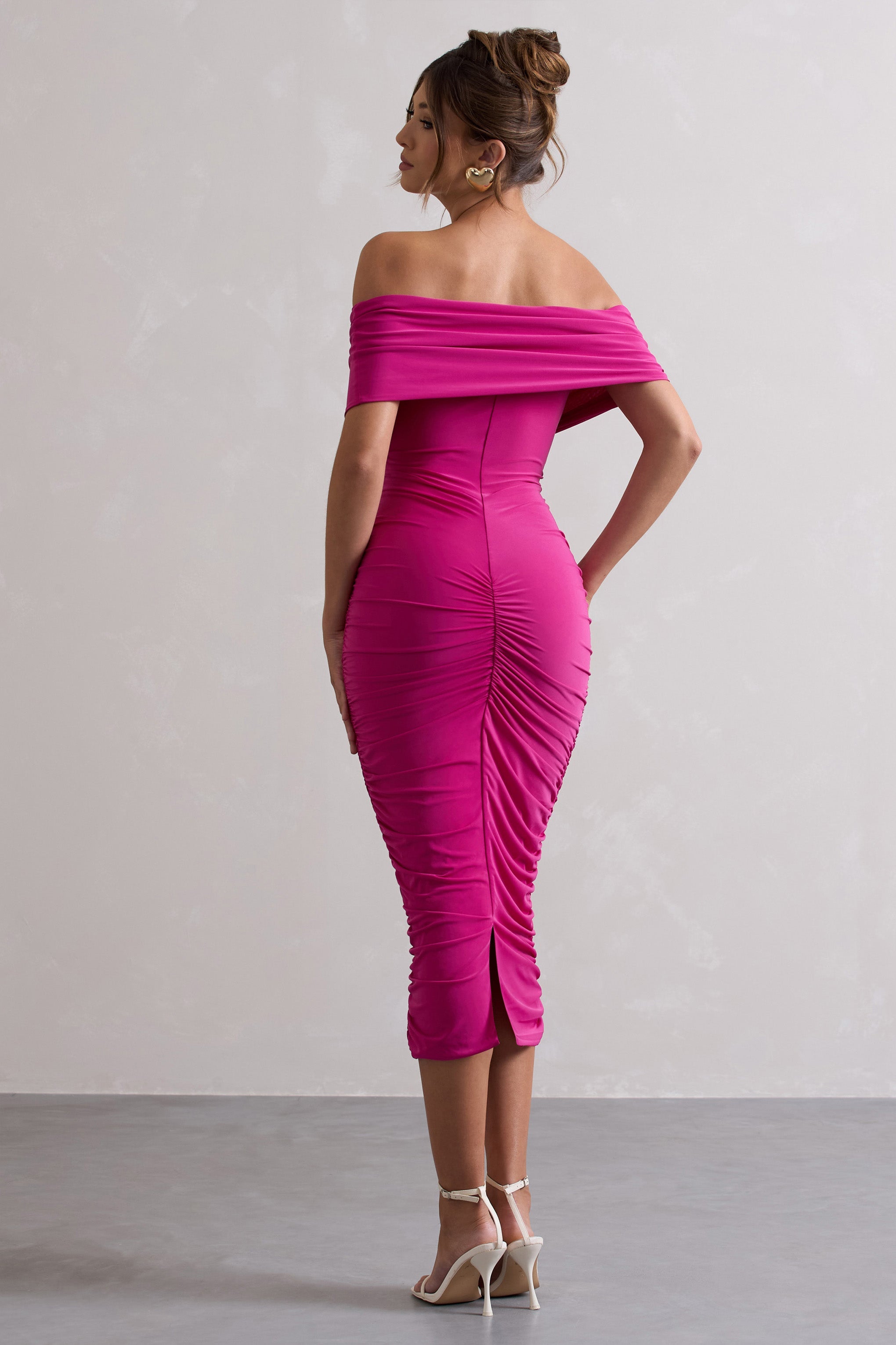 Paketsiz | Koyu Pembe Fırfırlı Twist Bardot Midi Elbise