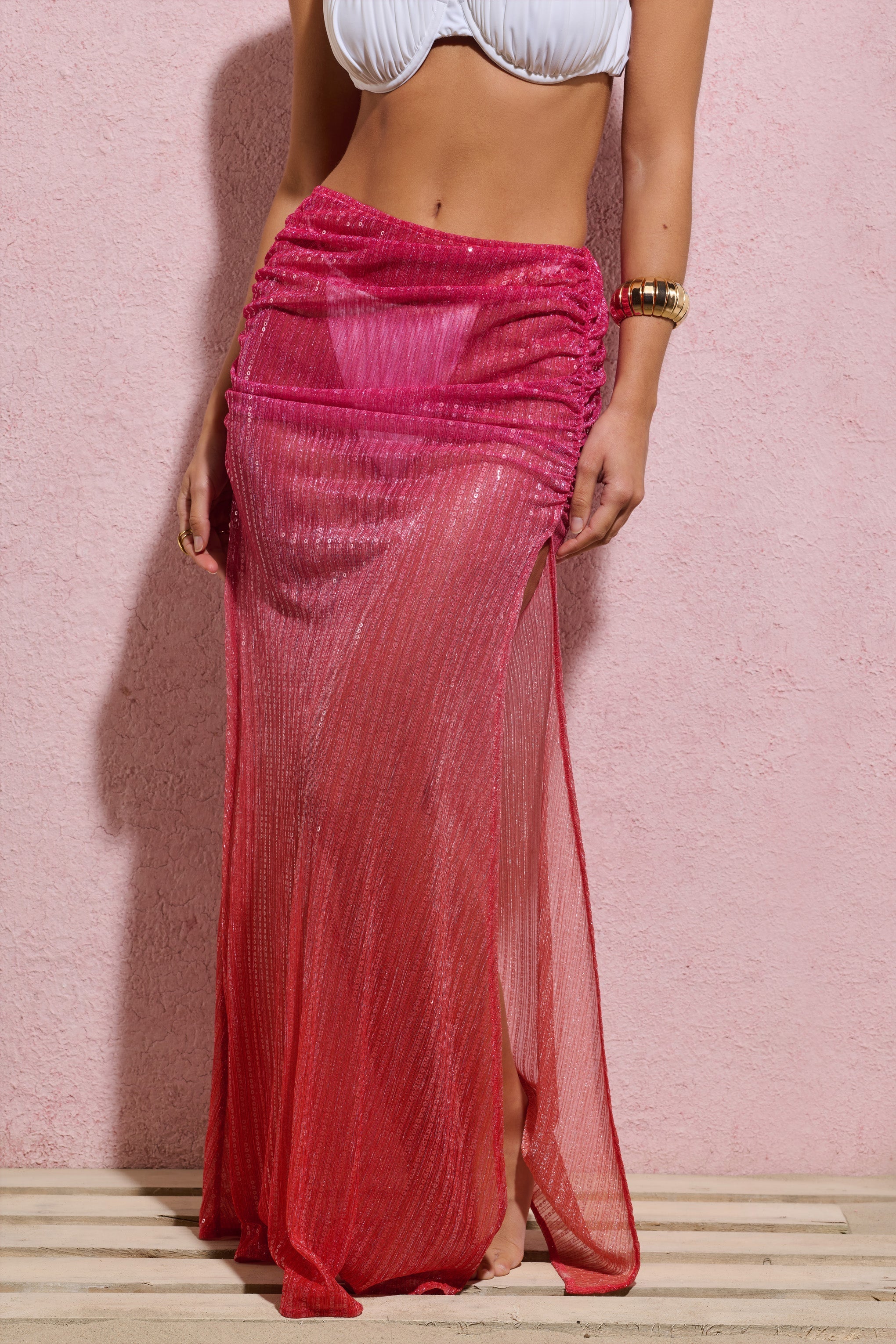 Before Dark | Pembe & Turuncu Ombre Payet Maxi Etek