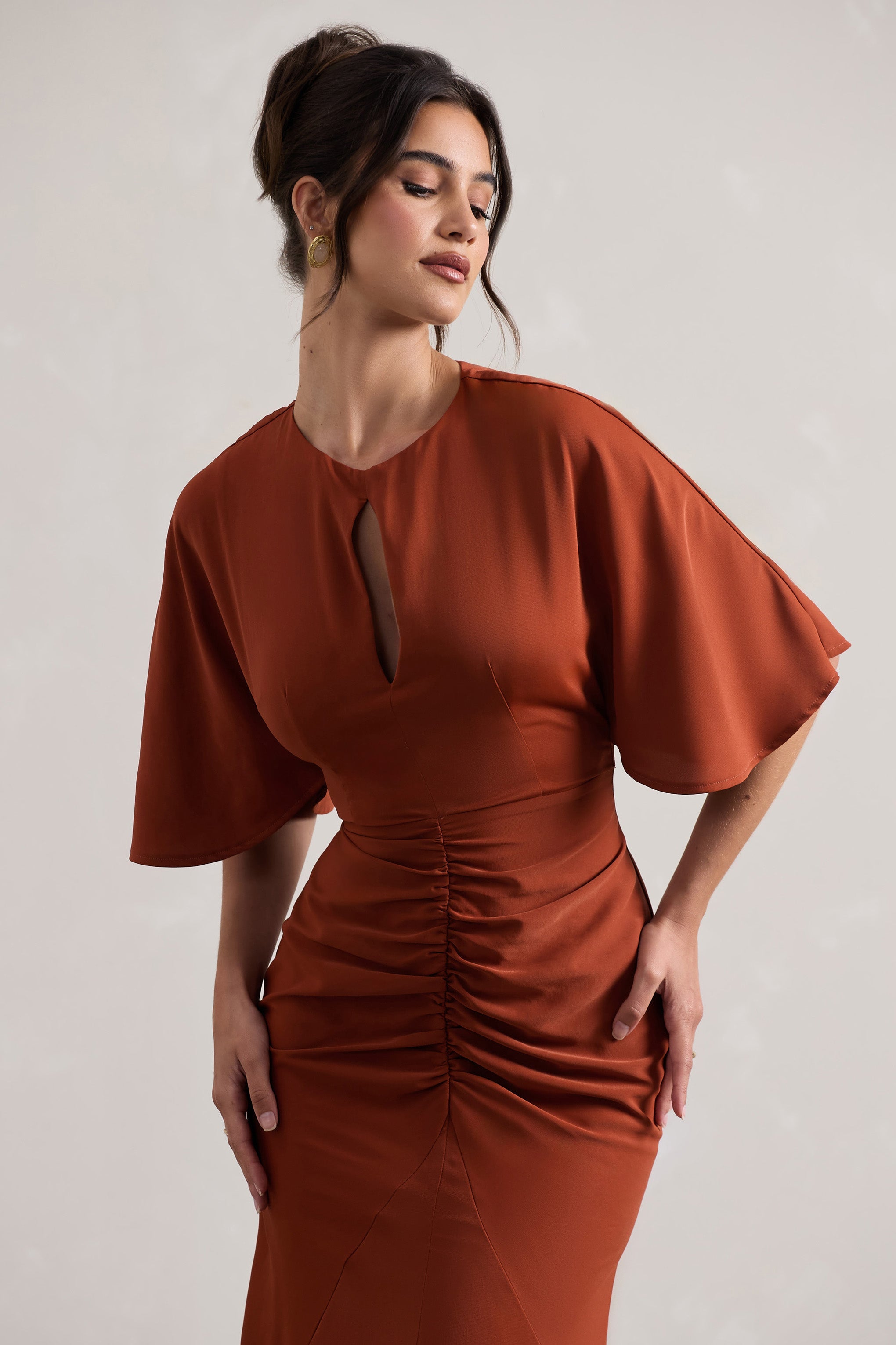 Elidy | Terracotta Düğmeli Flutter-Kollu Kesik Maxi Elbise