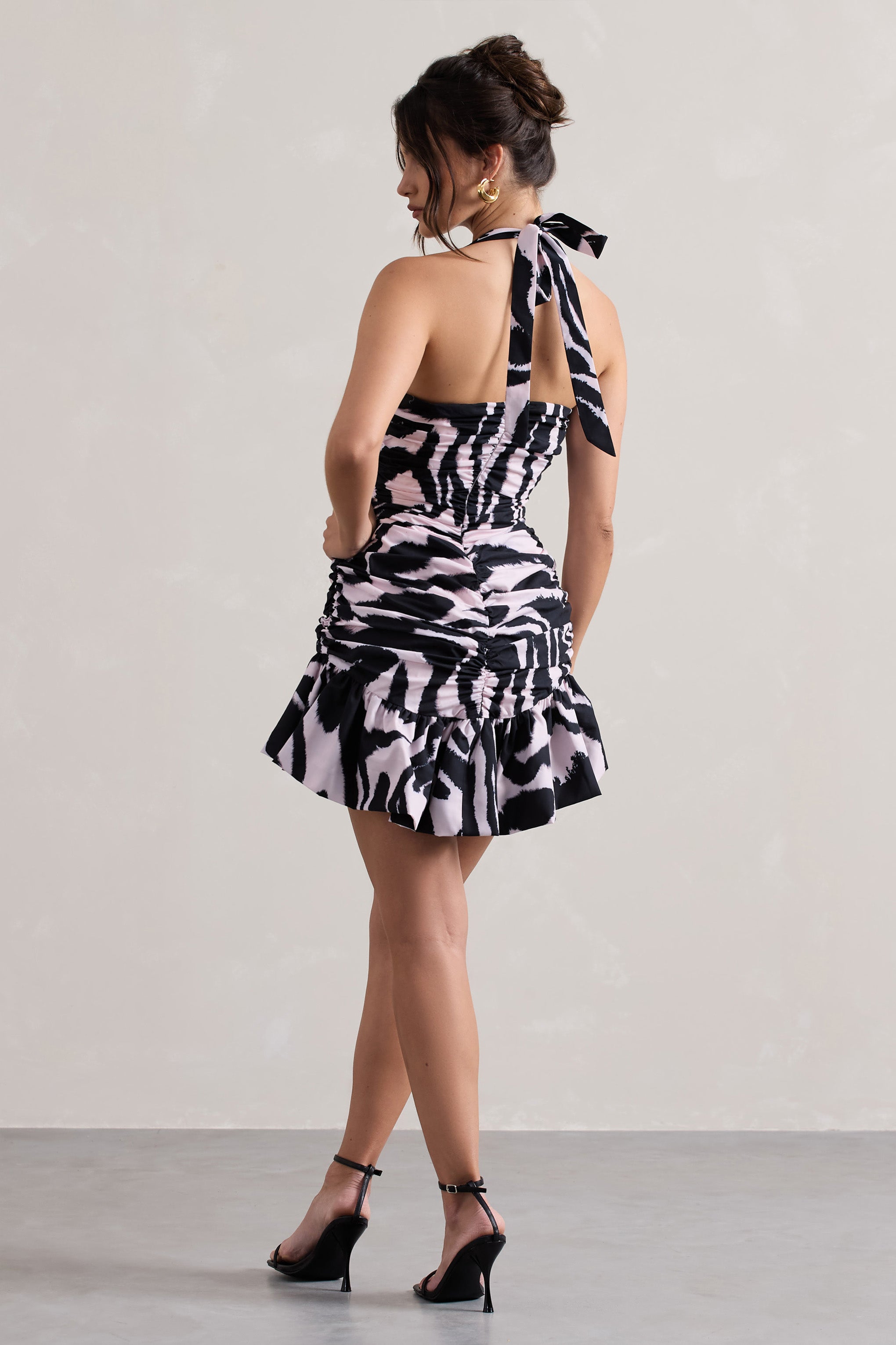 Zahra | Zebra Desenli Halter Yaka Volanlı Mini Elbise