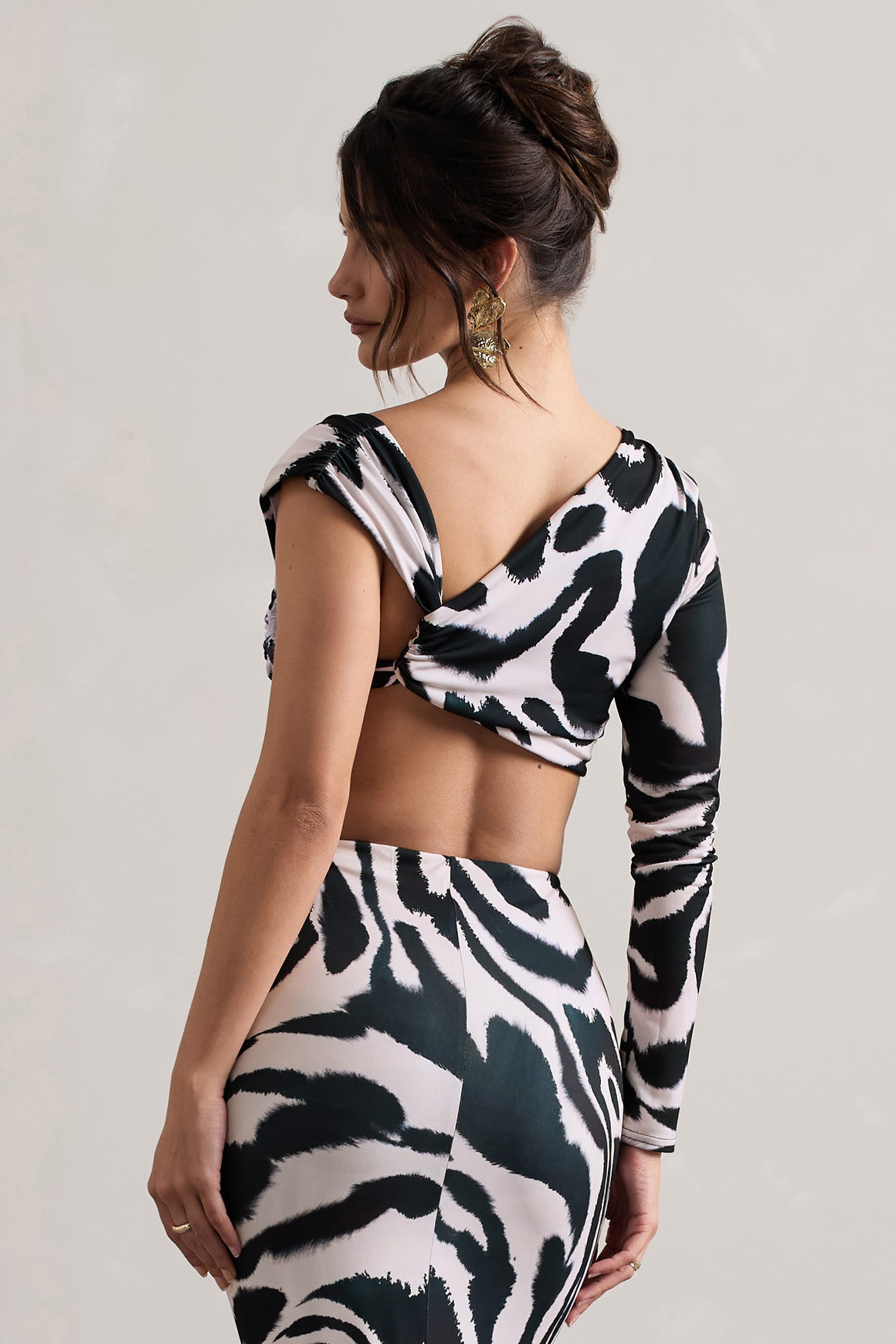 Agalia | Zebra Desenli Ruched Asimetrik Tek Kol Crop Üst