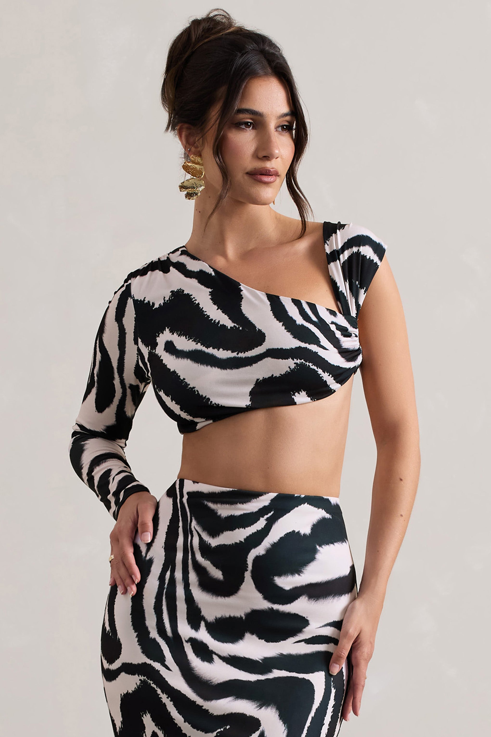 Agalia | Zebra Desenli Ruched Asimetrik Tek Kol Crop Üst