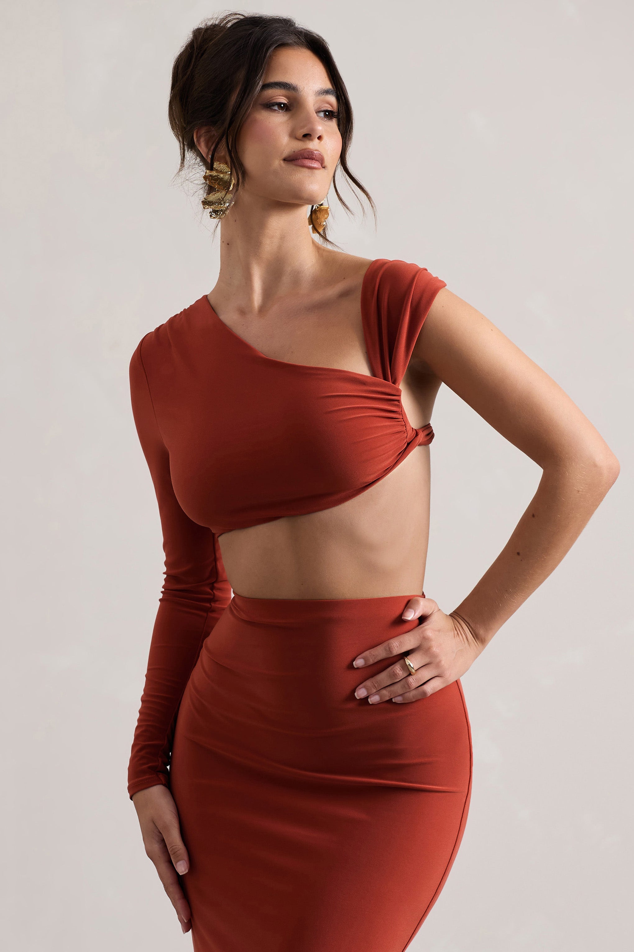 Agalia | Terracotta Fırfırlı Asimetrik Tek Kol Crop Top