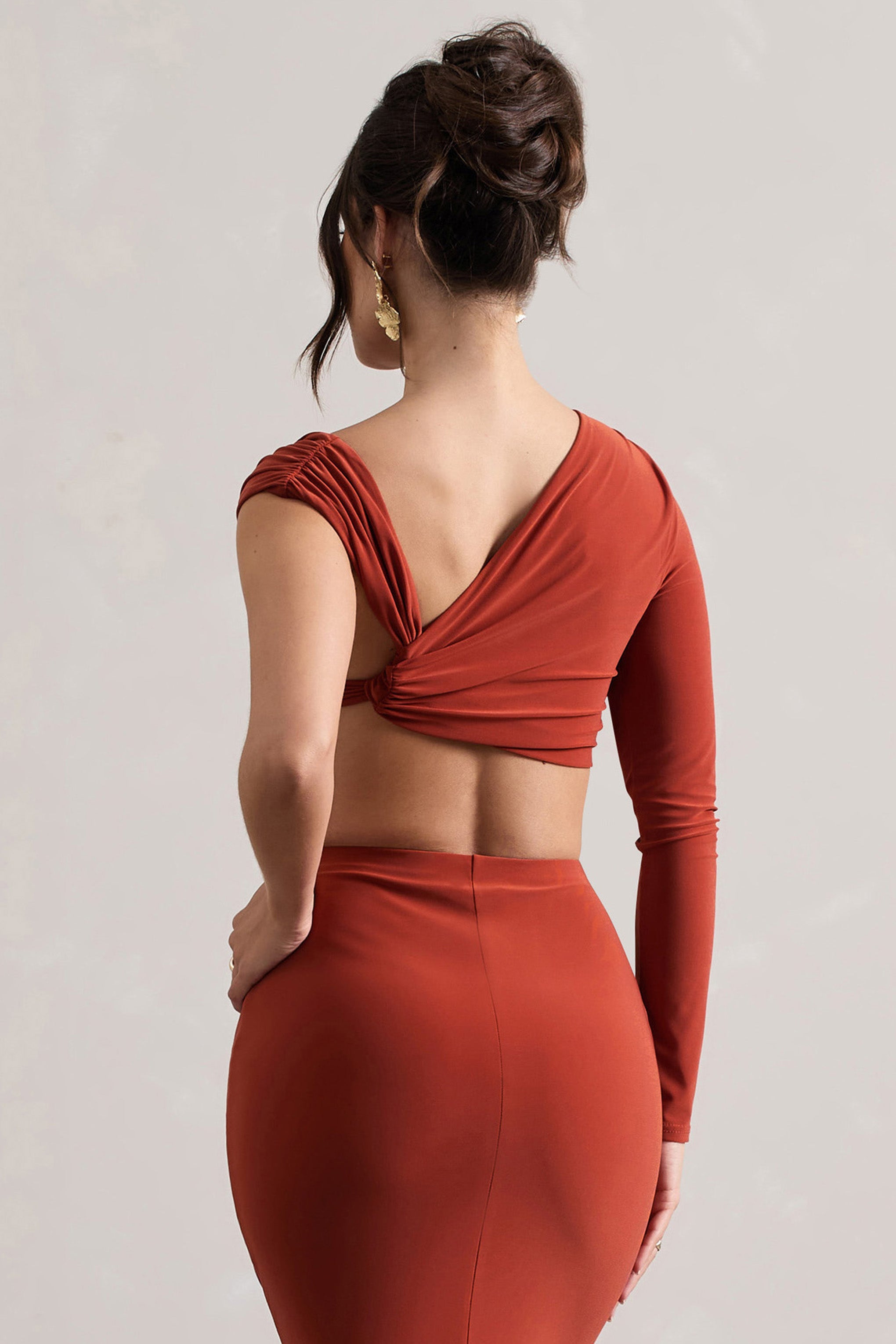 Agalia | Terracotta Fırfırlı Asimetrik Tek Kol Crop Top