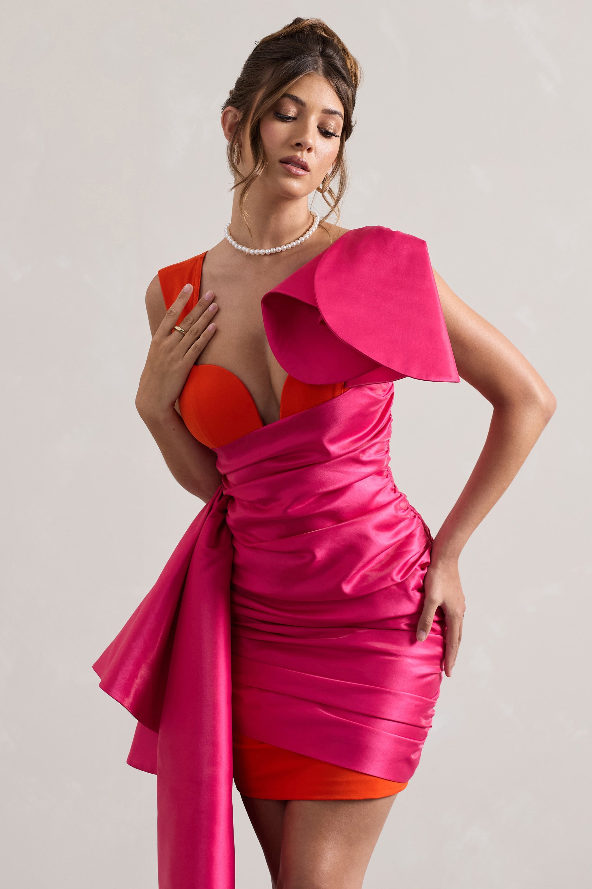Nadir | Pembe ve Turuncu Saten Sarma Mini Elbise Peplum Drapeli