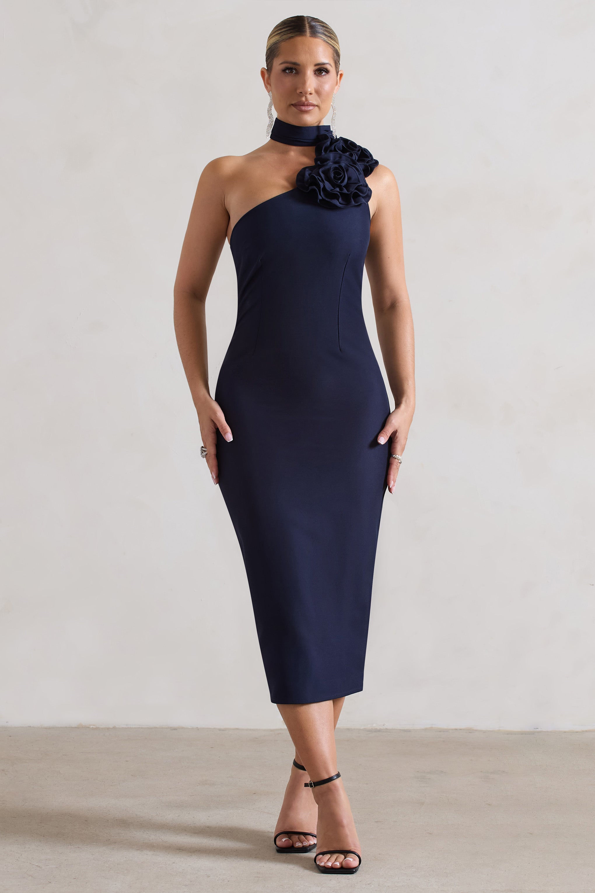 Soiree | Volanlı Choker Detaylı Lacivert Bodycon Midi Elbise