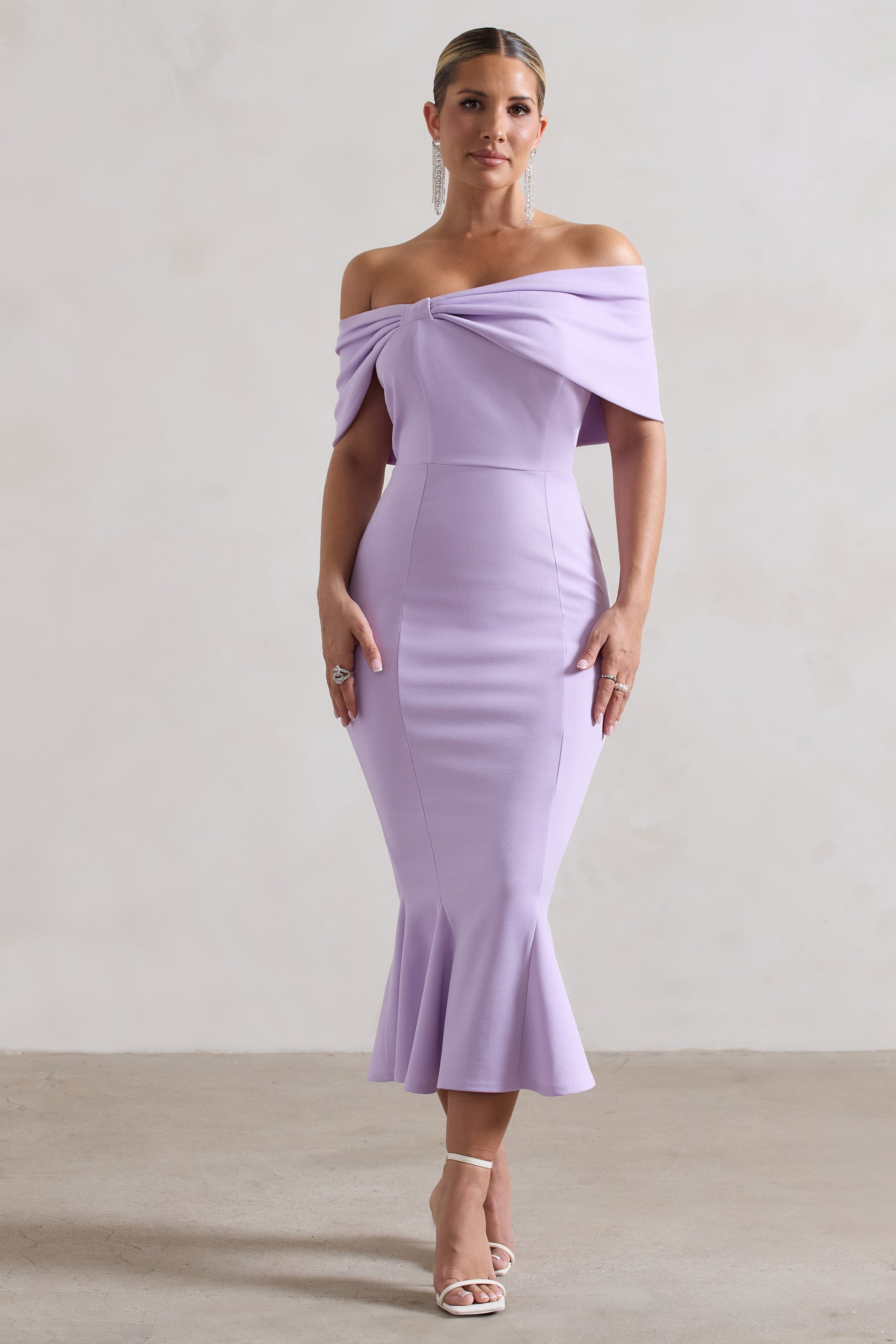 Lydia | Pastel Leylak Bardot Fiyonk Detaylı Midi Elbise