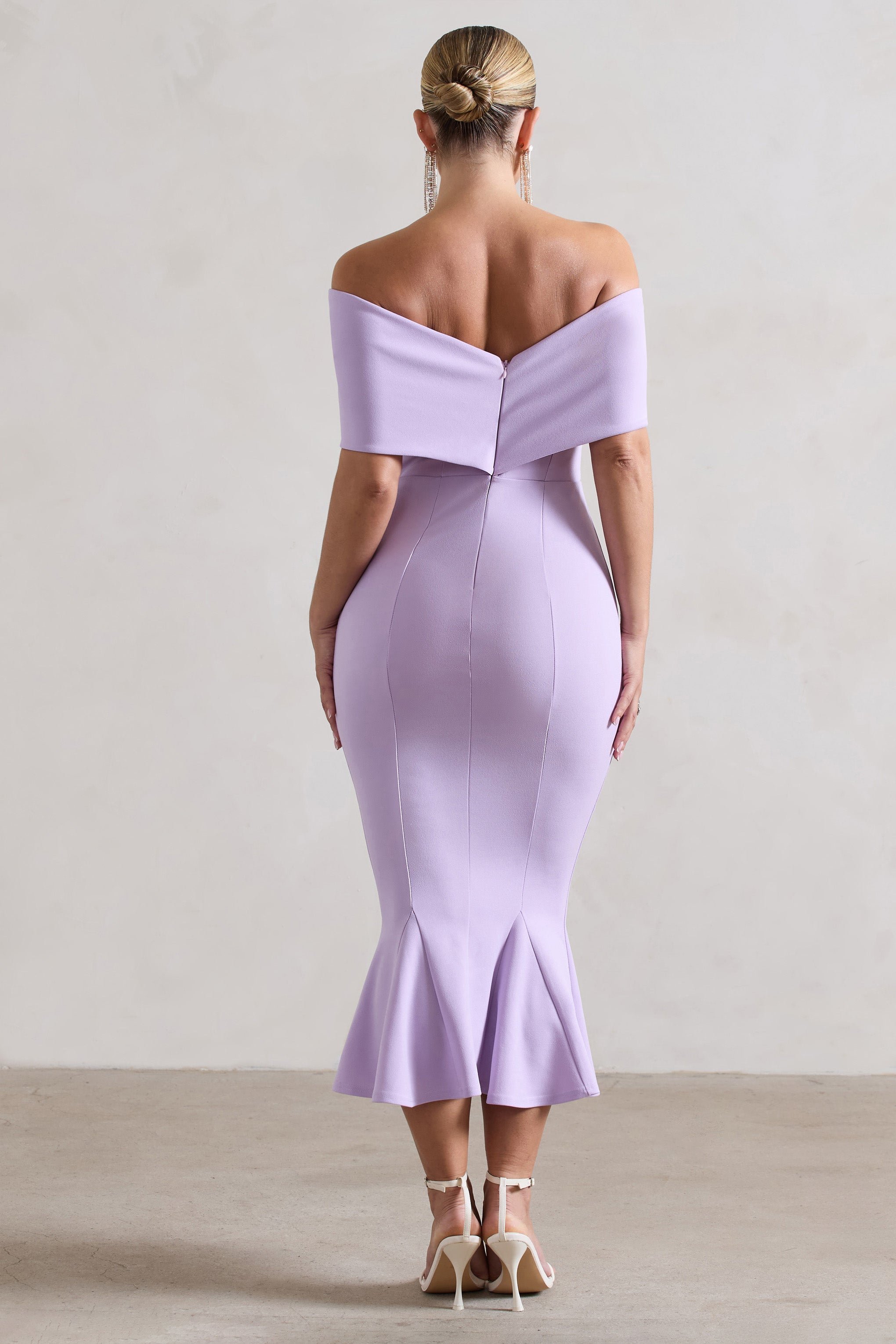 Lydia | Pastel Leylak Bardot Fiyonk Detaylı Midi Elbise