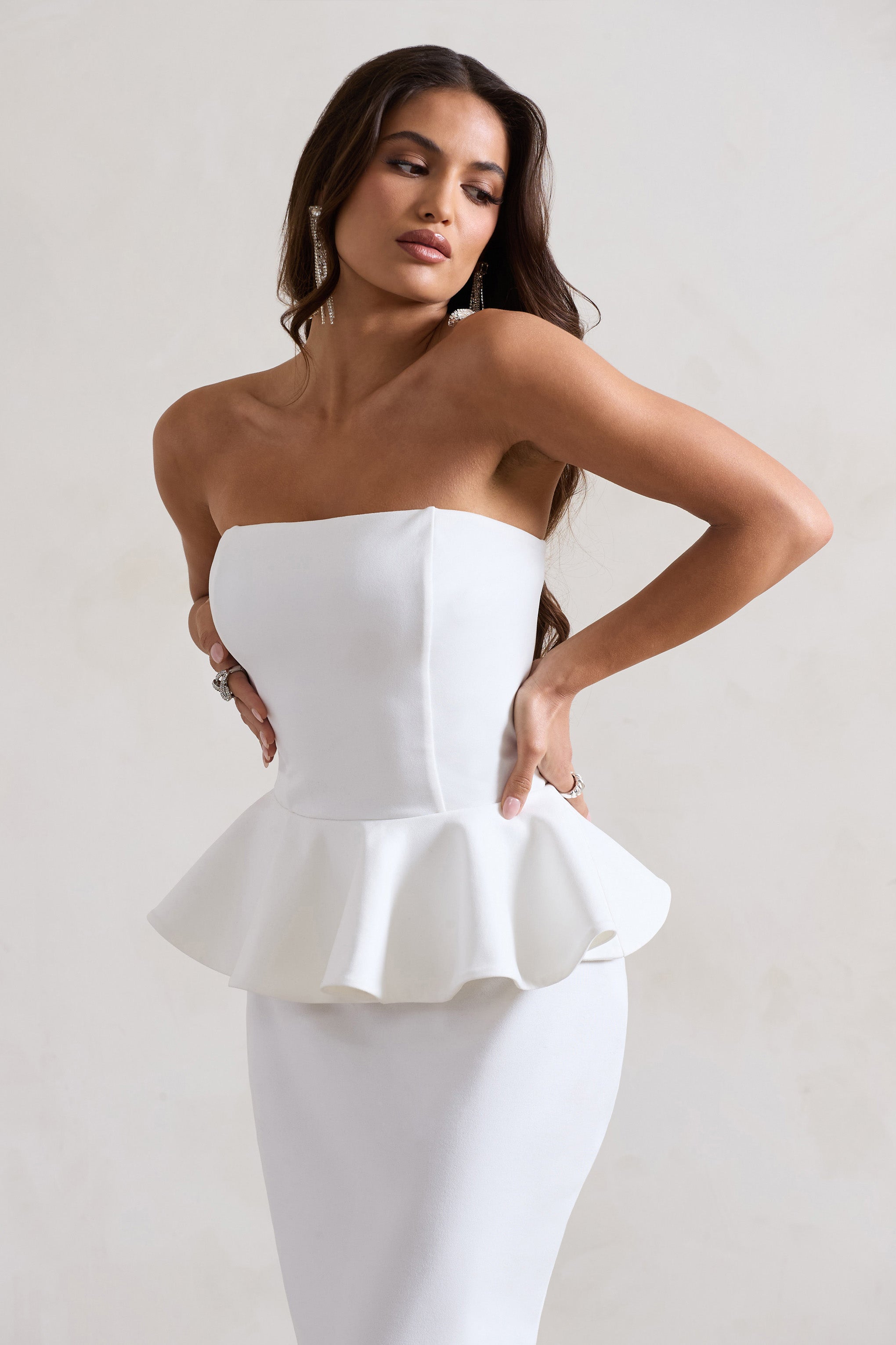 Chicago | Beyaz Bodycon Bandeau Midi Elbise Peplum Detaylı