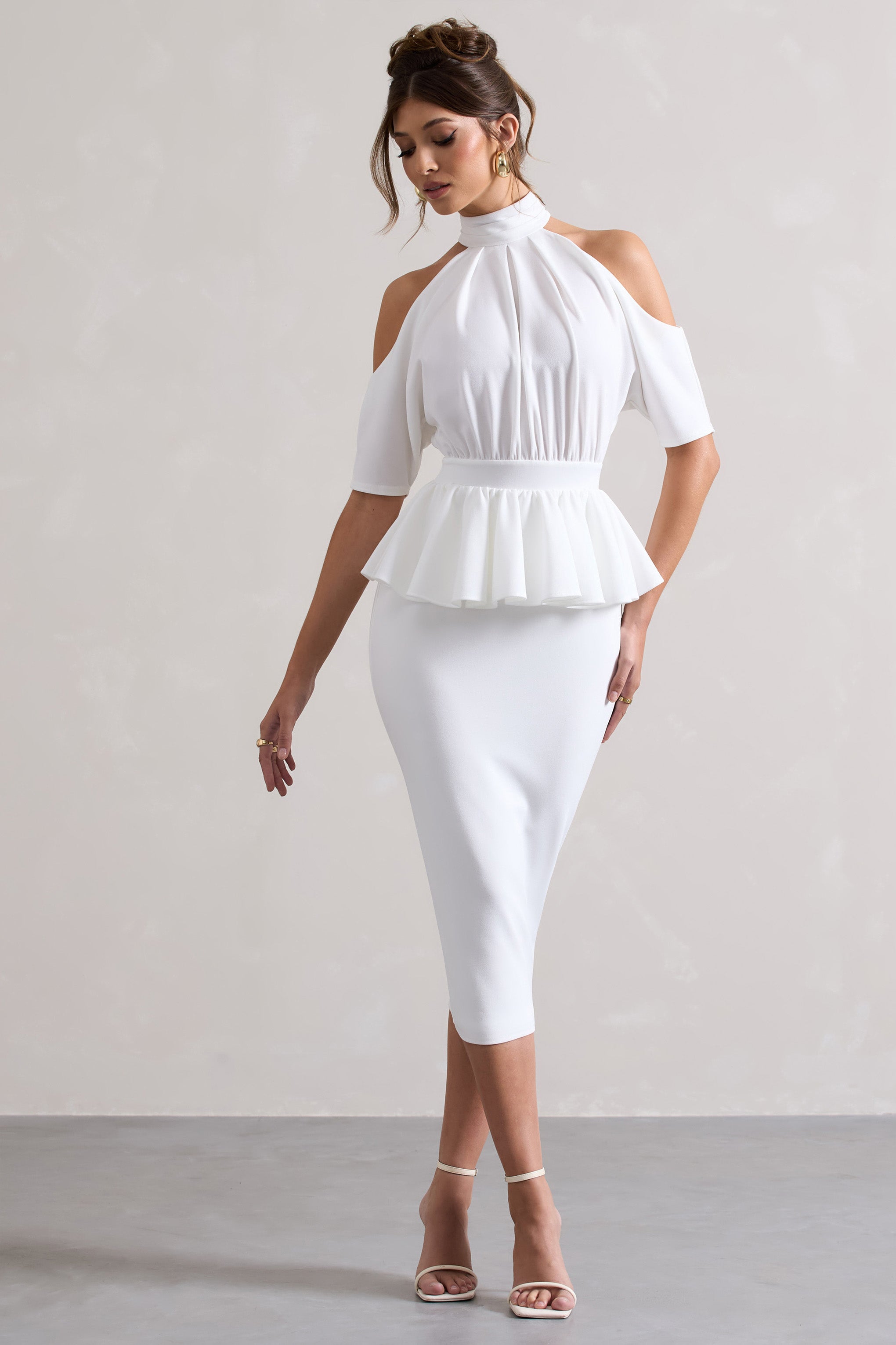 Yves | Peplum Bel Detaylı Beyaz Yüksek Yaka Kesik Midi Elbise