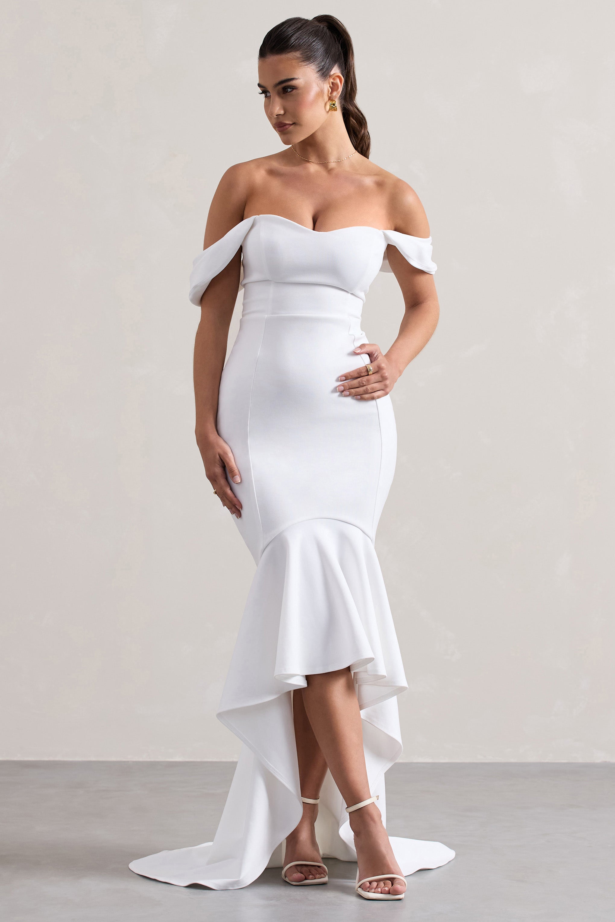 Cotillion | Beyaz Sweetheart Yüksek-Düşük Maxi Elbise, Volanlı Etek