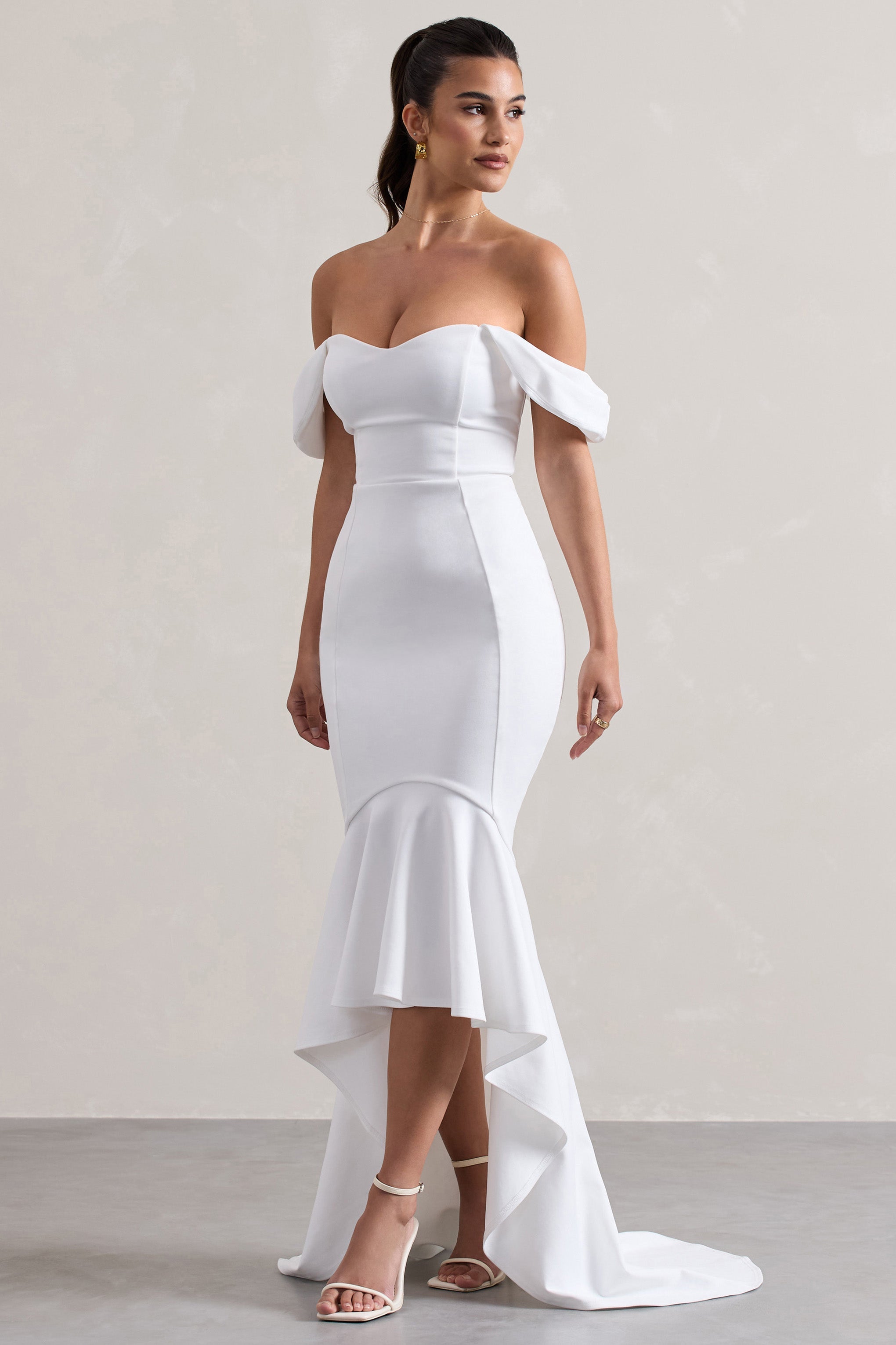 Cotillion | Beyaz Sweetheart Yüksek-Düşük Maxi Elbise, Volanlı Etek