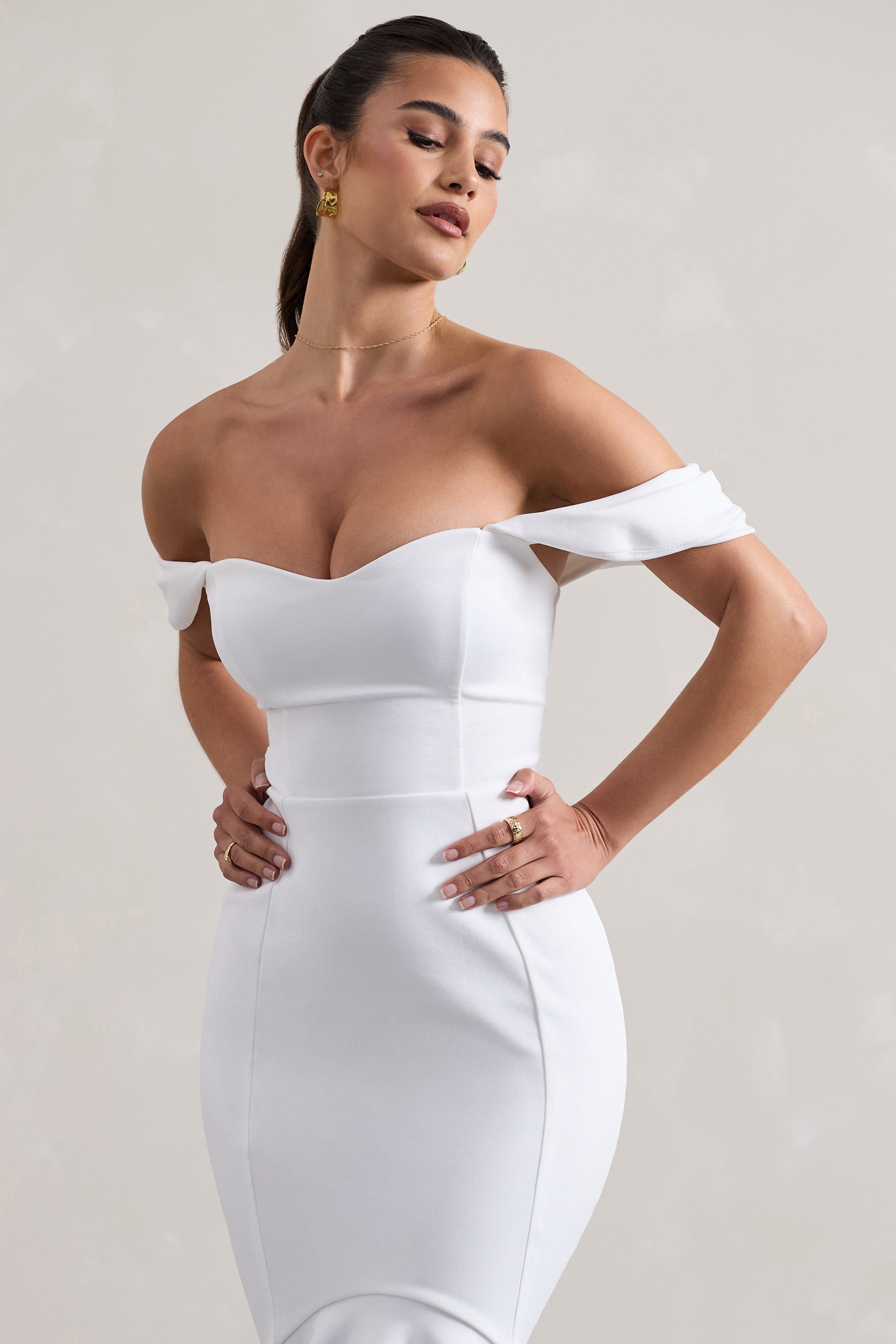 Cotillion | Beyaz Sweetheart Yüksek-Düşük Maxi Elbise, Volanlı Etek