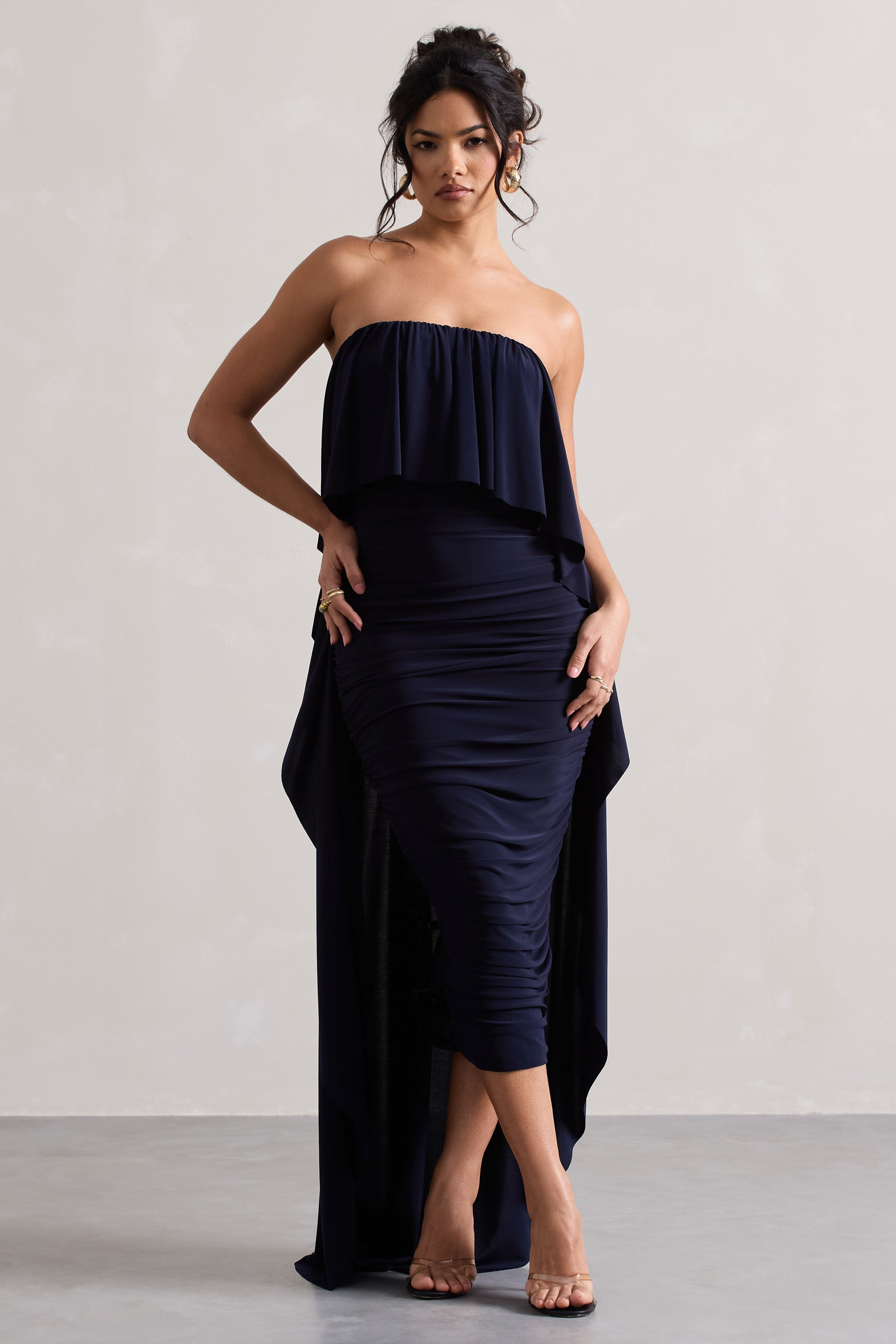 Bir Zamanlar | Navy Rüzgarlı Bandeau Midi Elbise Pelerinli
