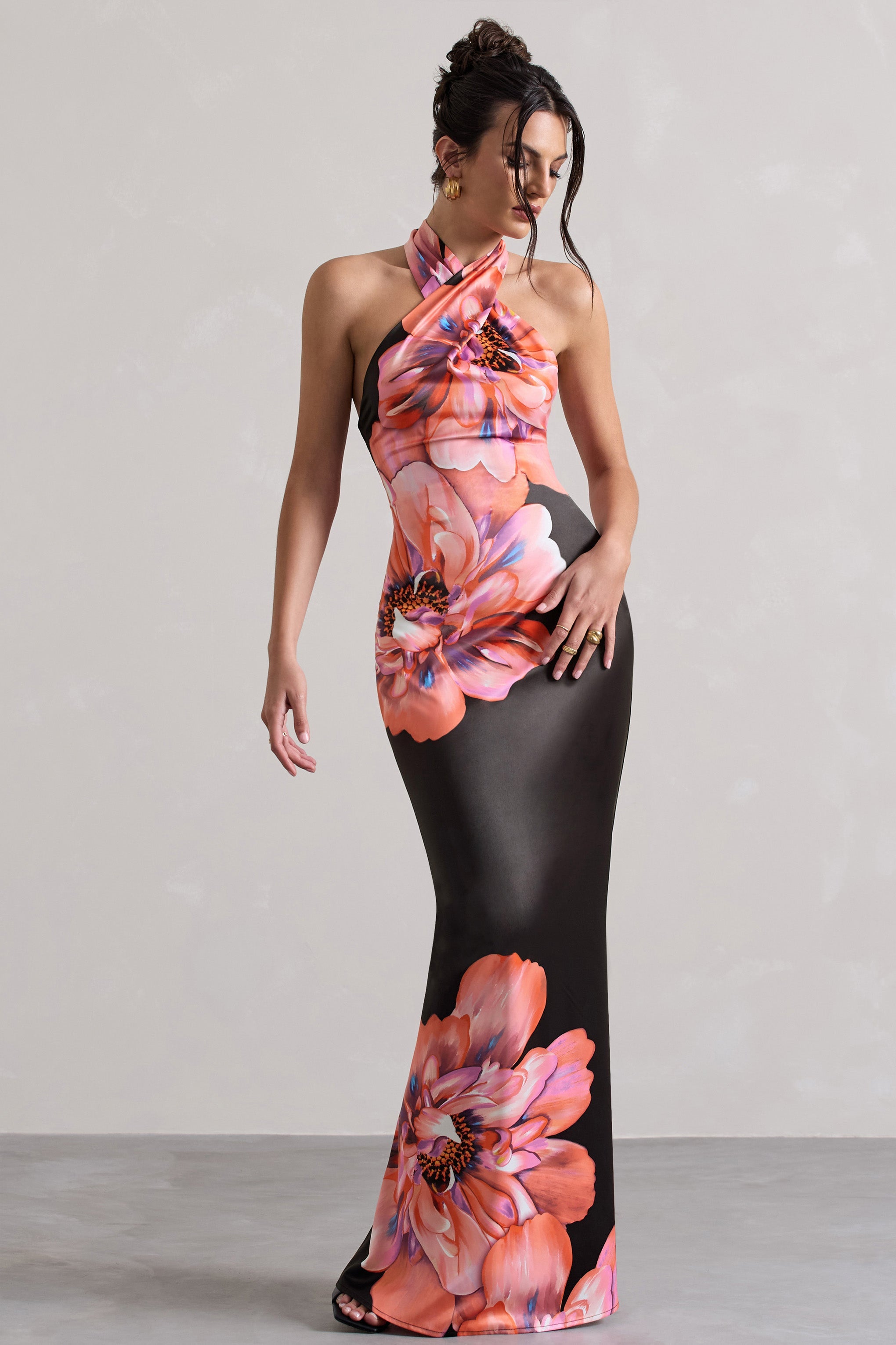 Tropicana | Pembe Çiçekli Saten Çapraz Halter Maxi Elbise