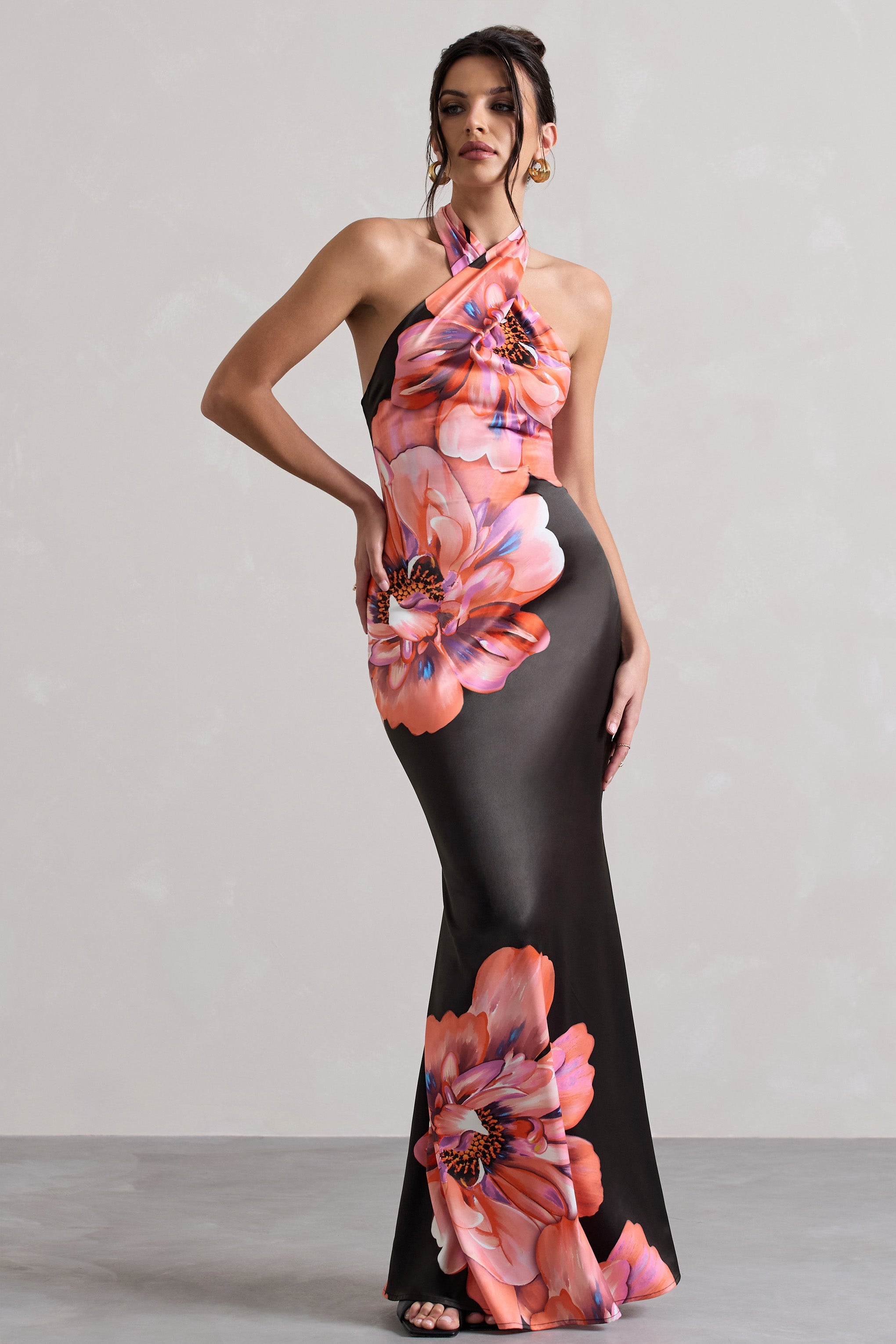 Tropicana | Pembe Çiçekli Saten Çapraz Halter Maxi Elbise