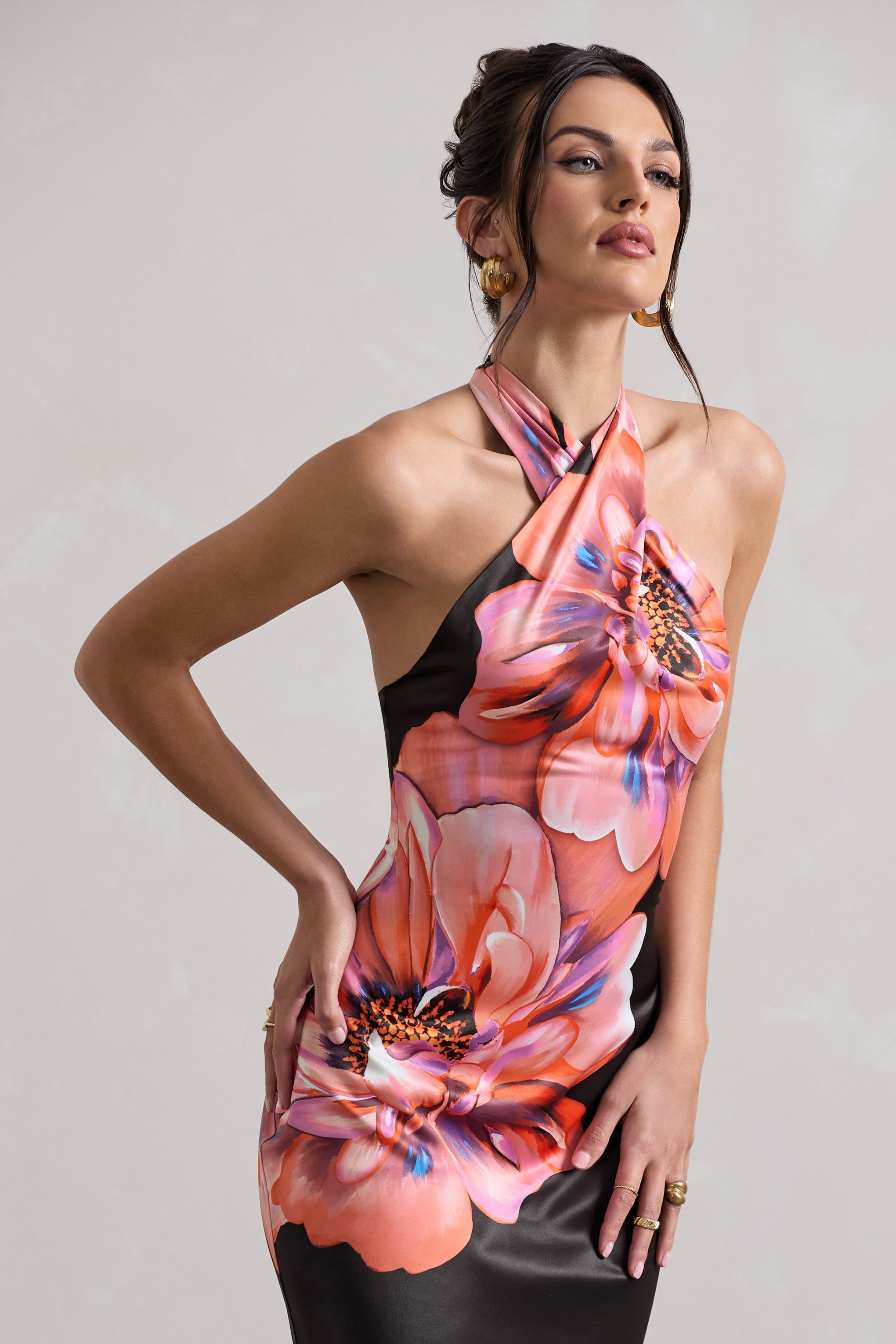 Tropicana | Pembe Çiçekli Saten Çapraz Halter Maxi Elbise