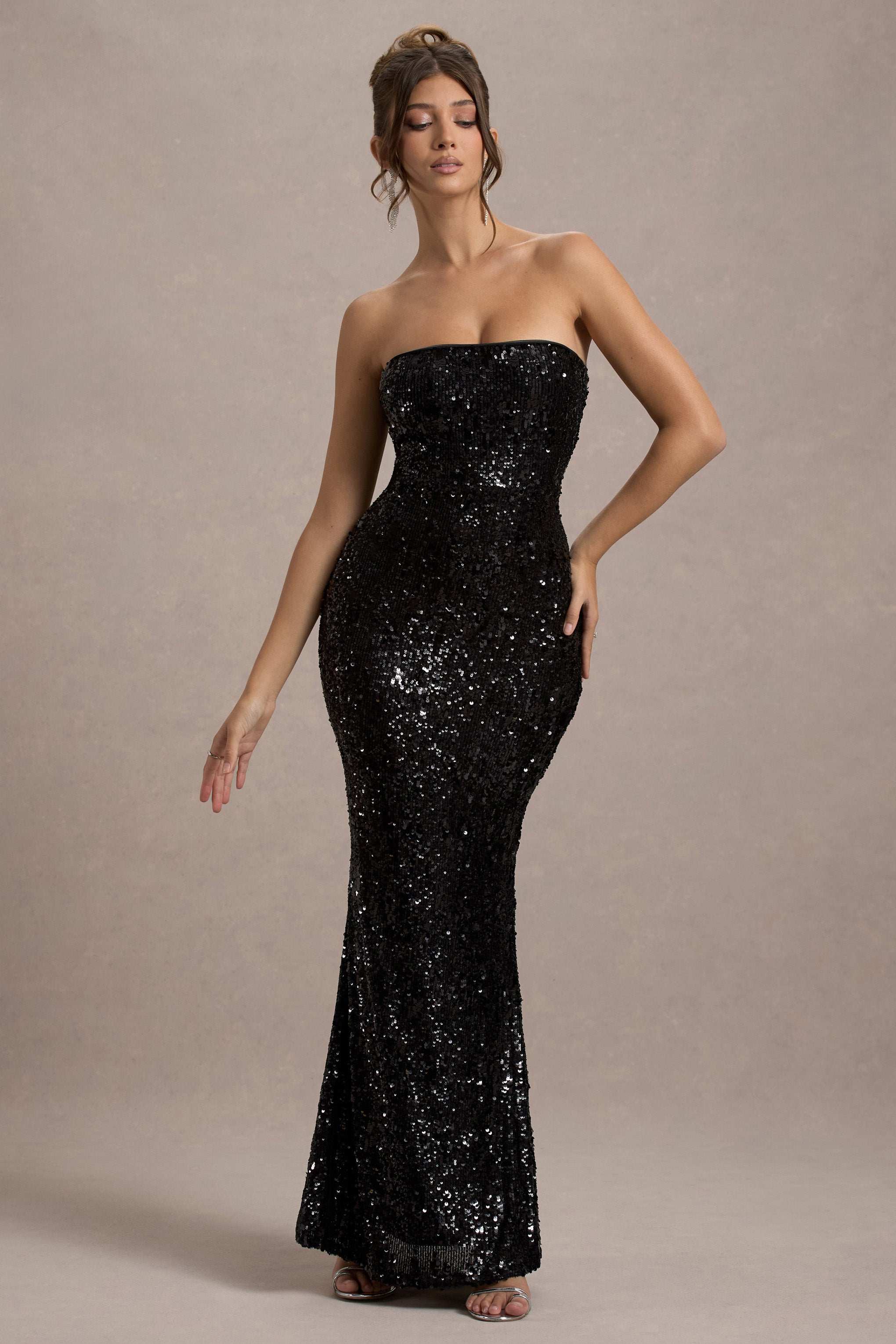 Sihir Gibi | Siyah Pul Payet Bandeau Maxi Elbise