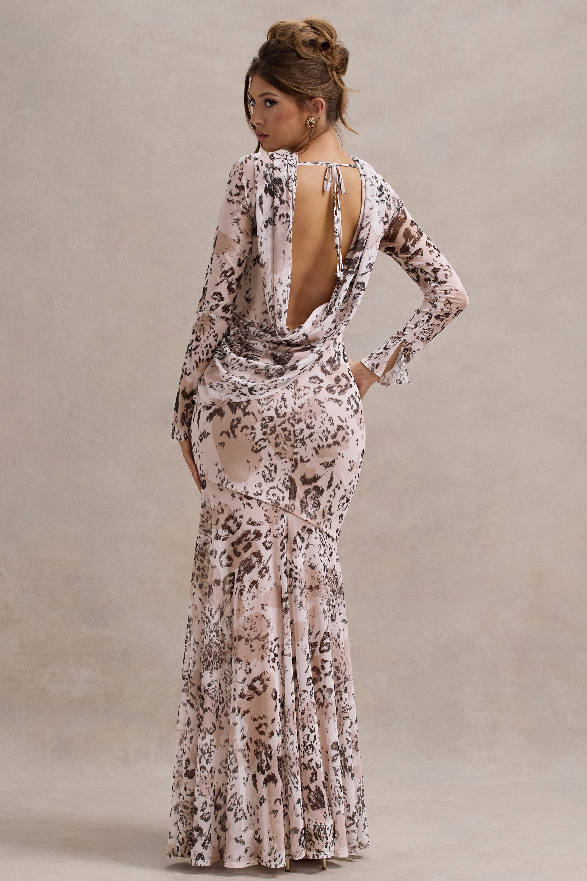 Tigerlily | Leopar Desenli Dantel Uzun Kollu Açık Sırt Maxi Elbise