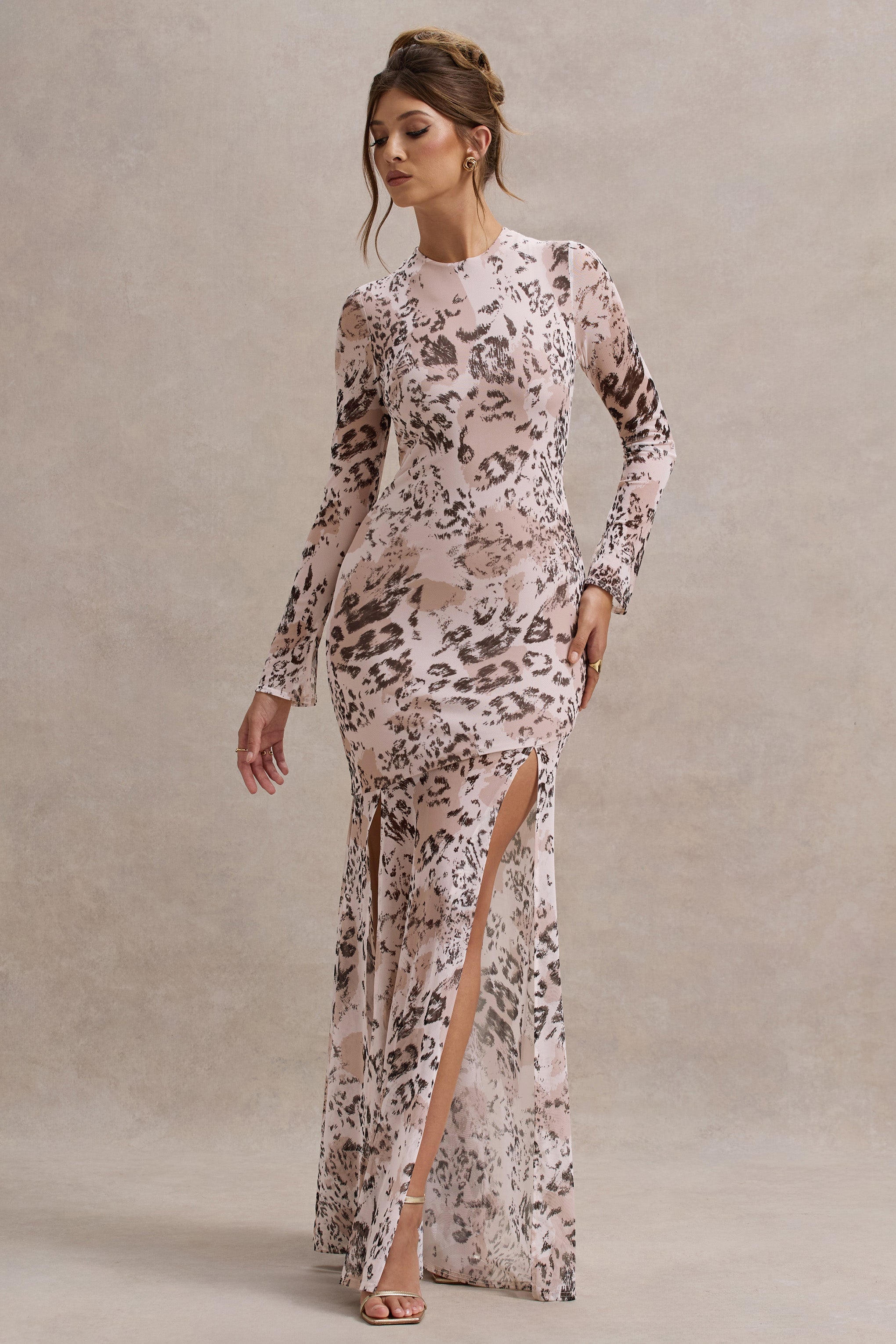 Tigerlily | Leopar Desenli Dantel Uzun Kollu Açık Sırt Maxi Elbise