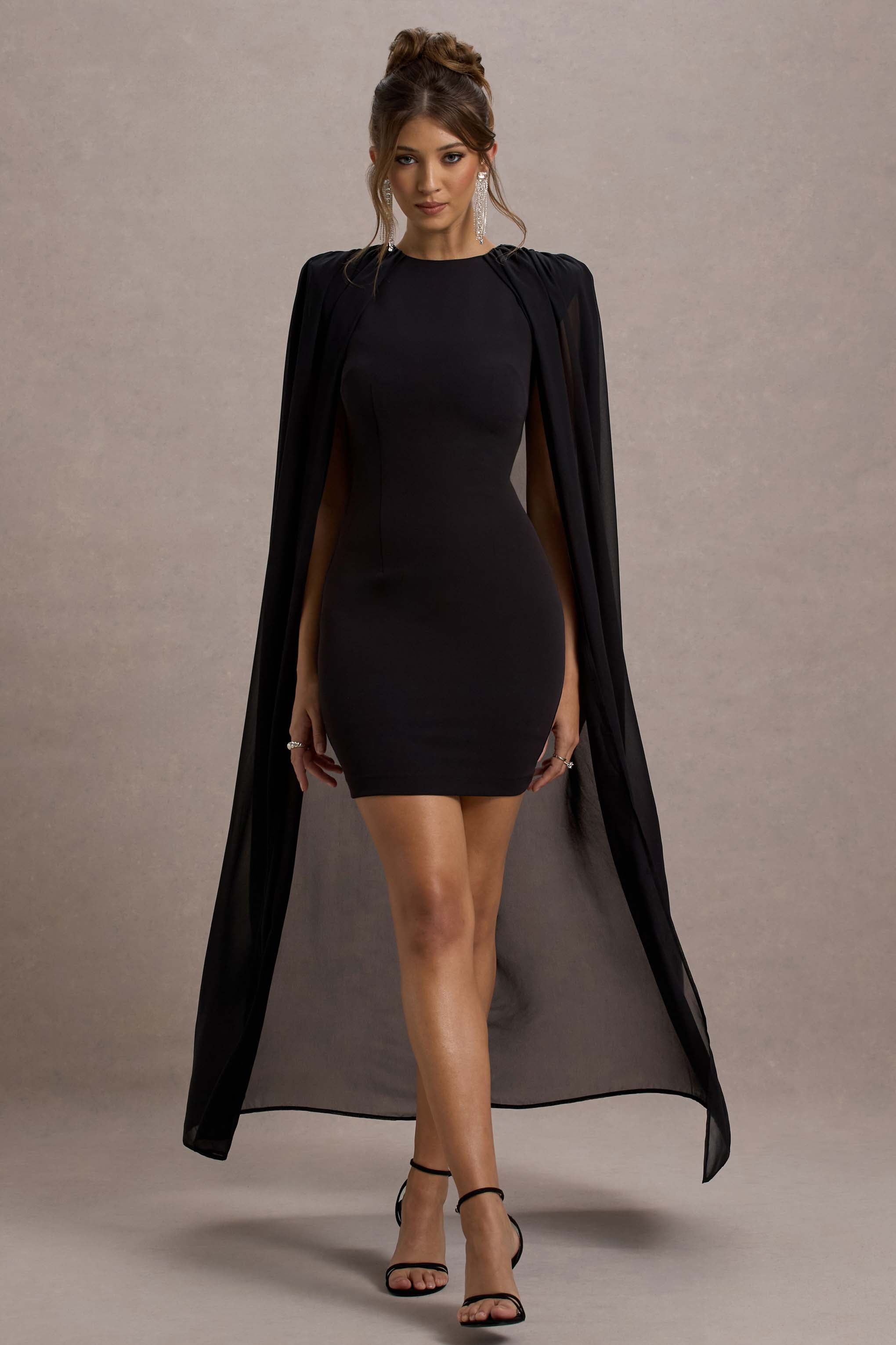 Elysium | Şifon Pelerinli Siyah Bodycon Mini Elbise