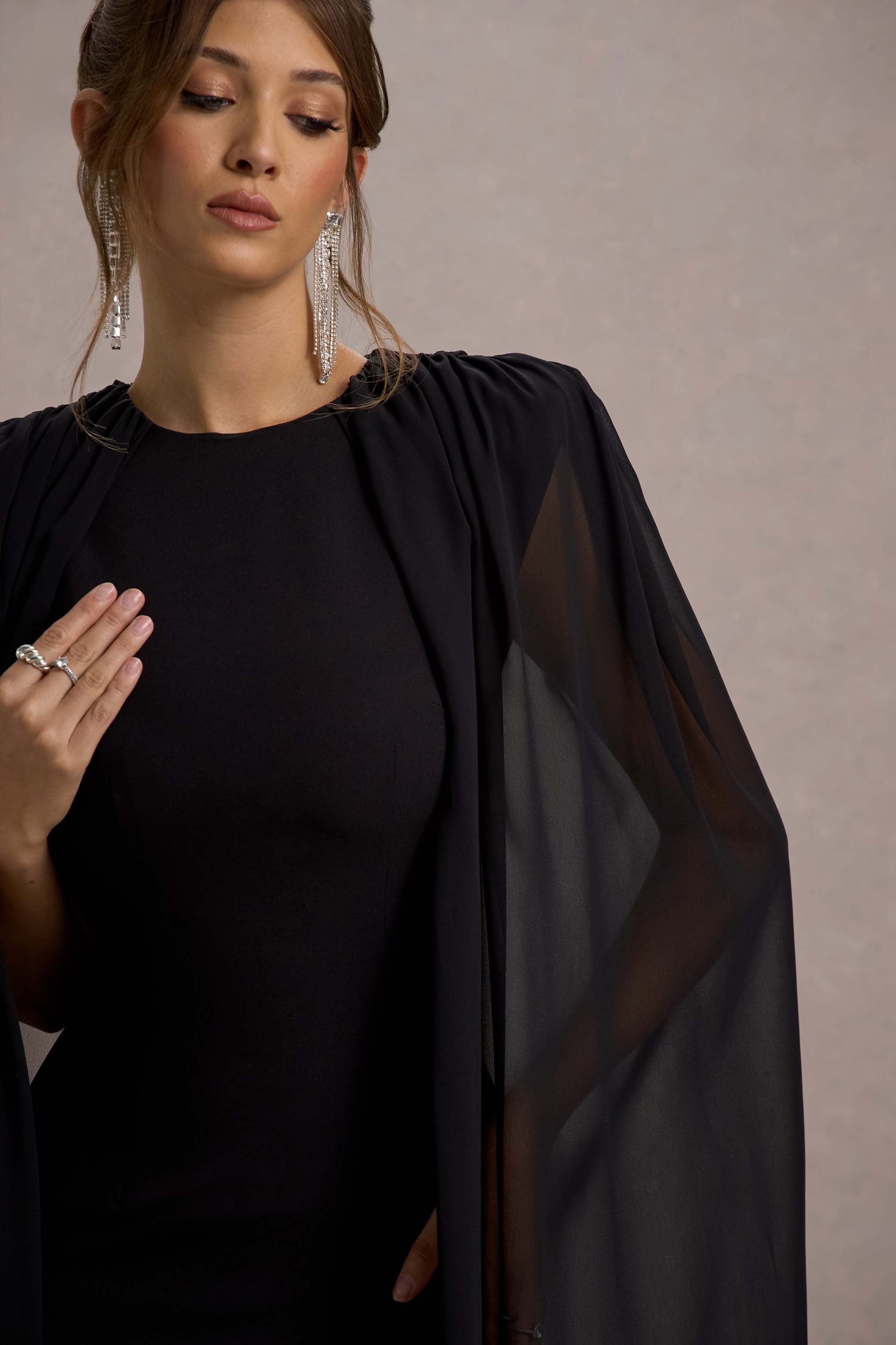 Elysium | Şifon Pelerinli Siyah Bodycon Mini Elbise