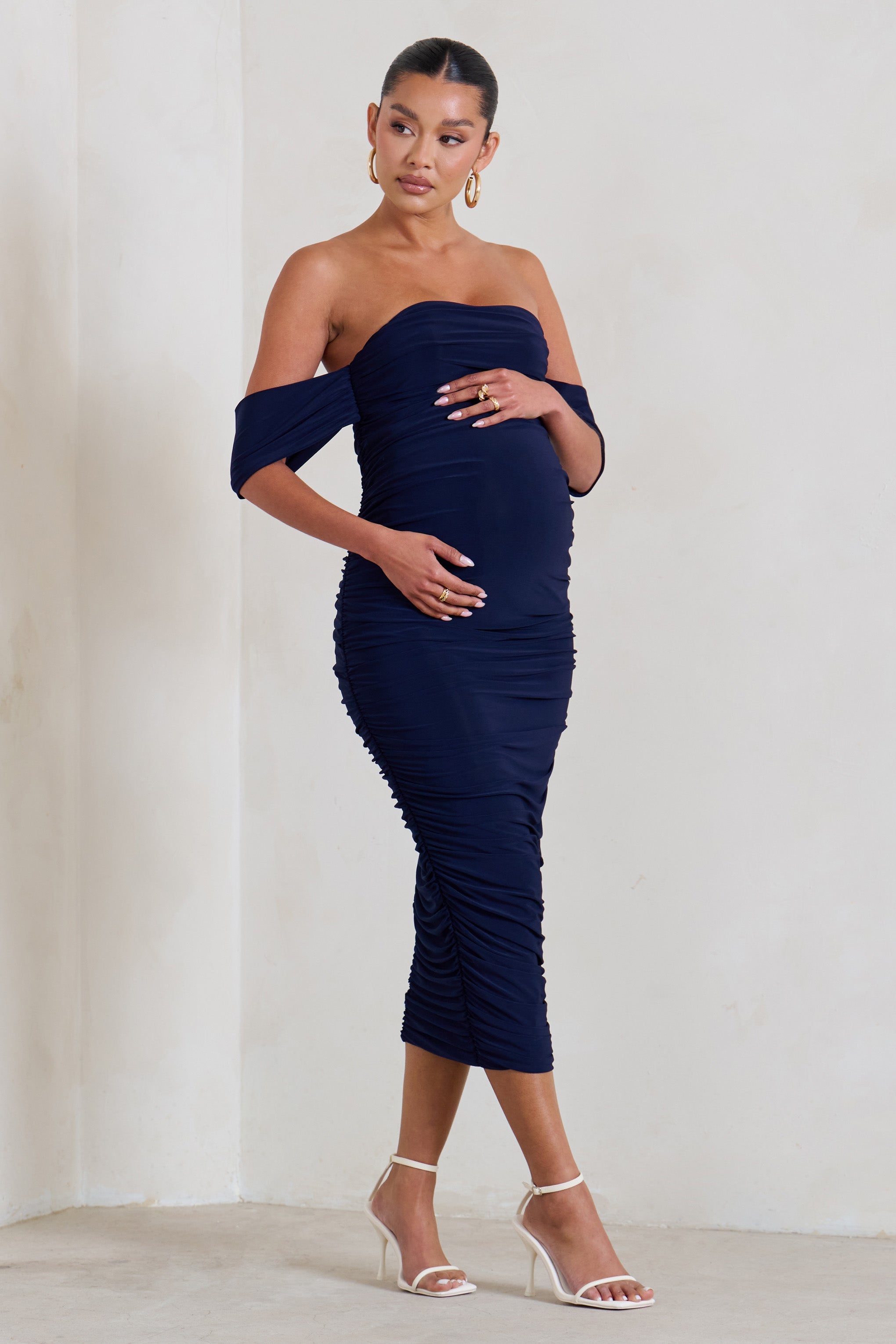 Plus One | Lacivert Hamile Ruched Bardot Midi Elbise