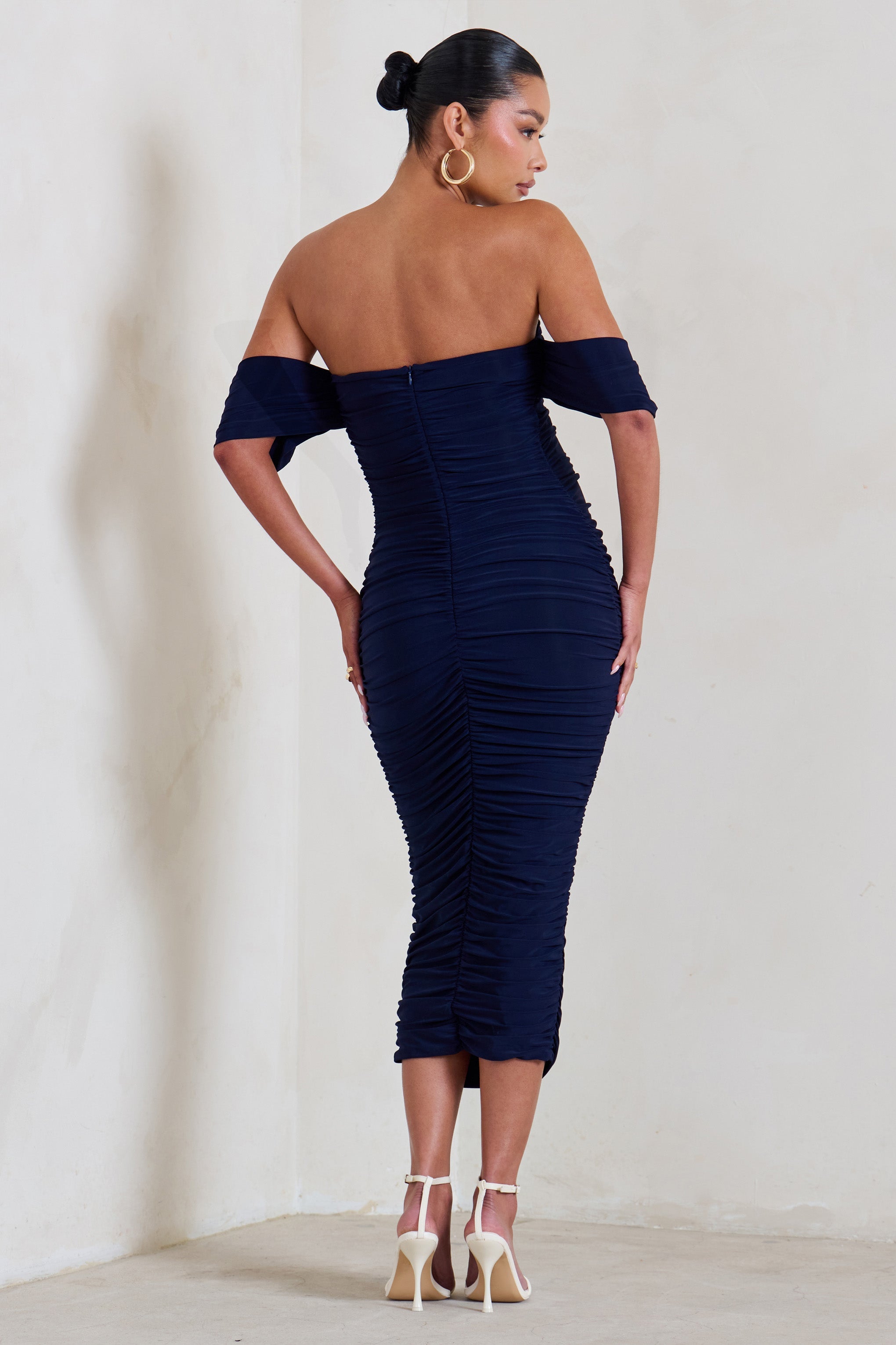 Plus One | Lacivert Hamile Ruched Bardot Midi Elbise