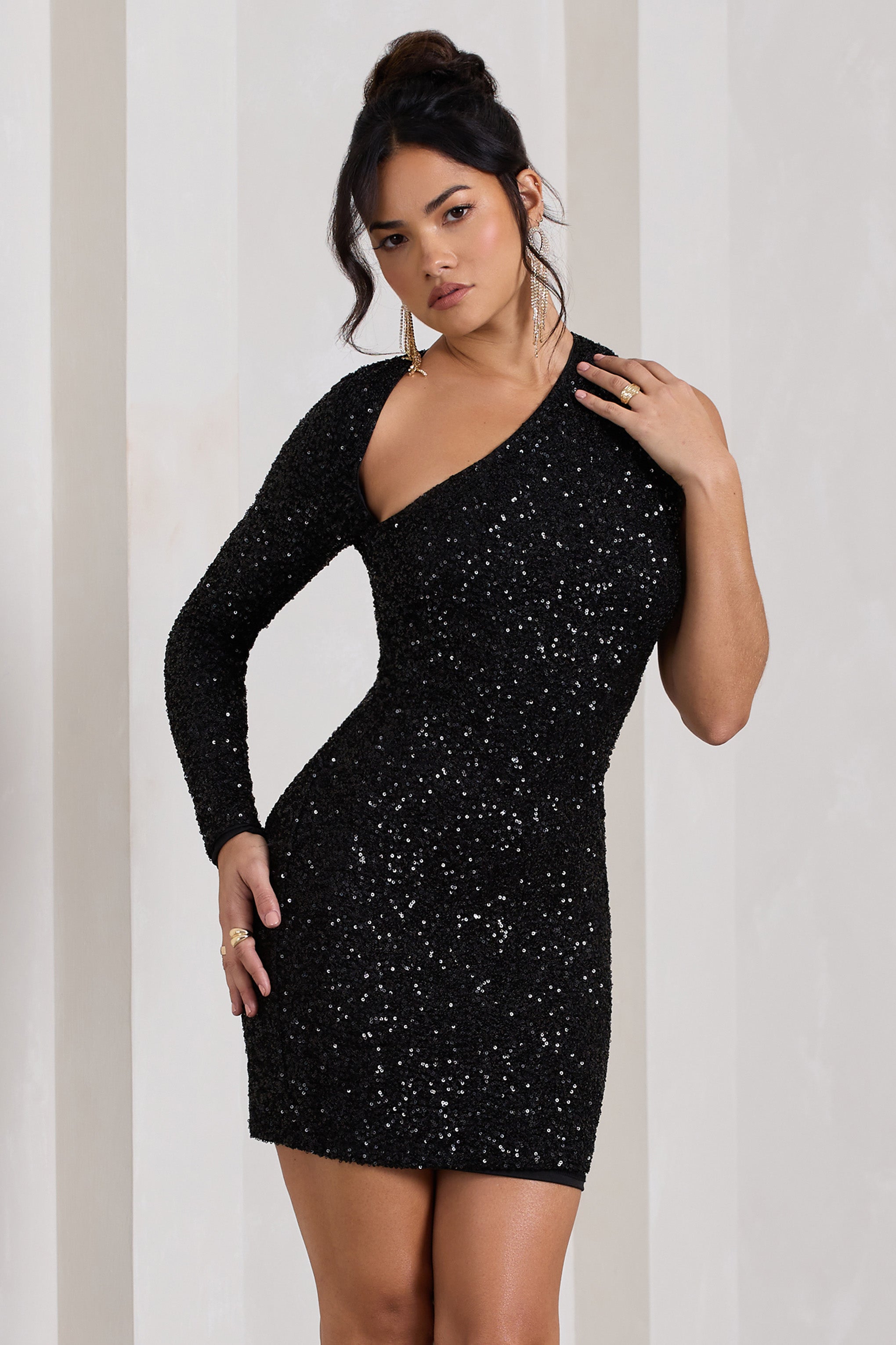 Siren | Siyah Pul Payet Tek Omuzlu Bodycon Mini Elbise