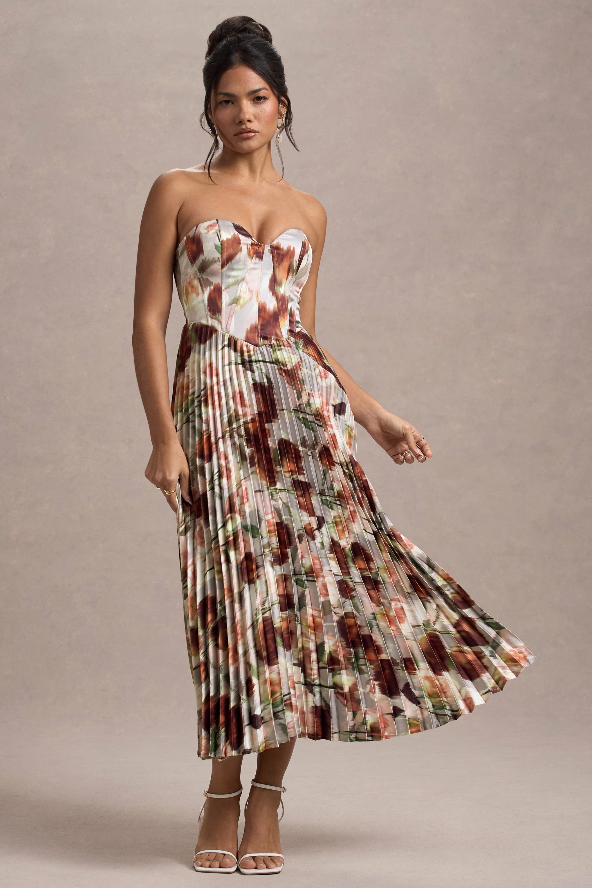 Bordeaux | Krem Çiçekli Baskılı Saten Korse Stil Midi Elbise