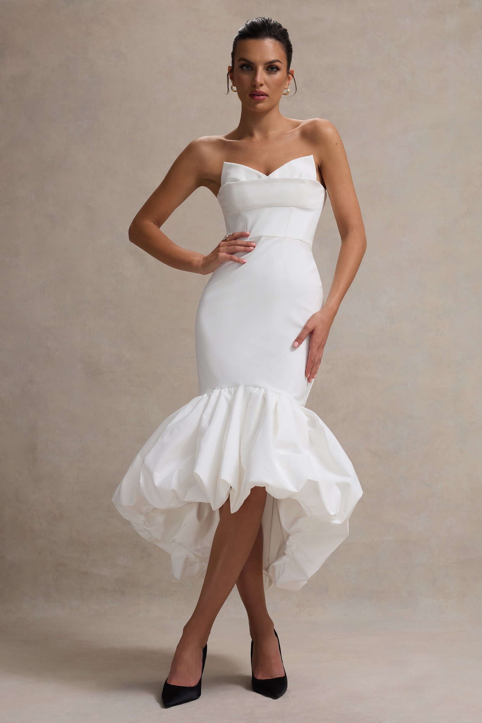 Emmelina | Volümlü Etekli Beyaz Korse Maxi Elbise