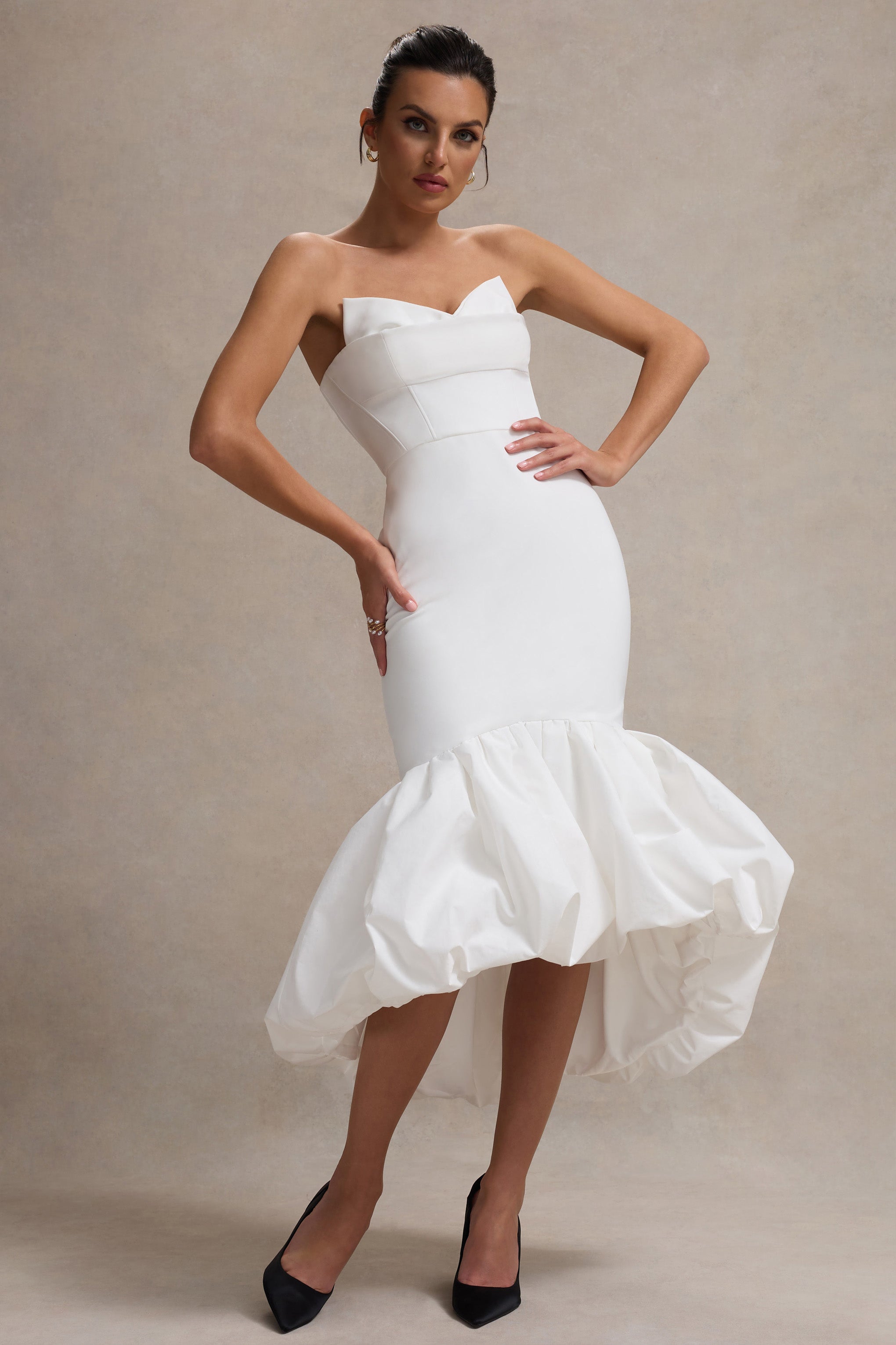 Emmelina | Volümlü Etekli Beyaz Korse Maxi Elbise