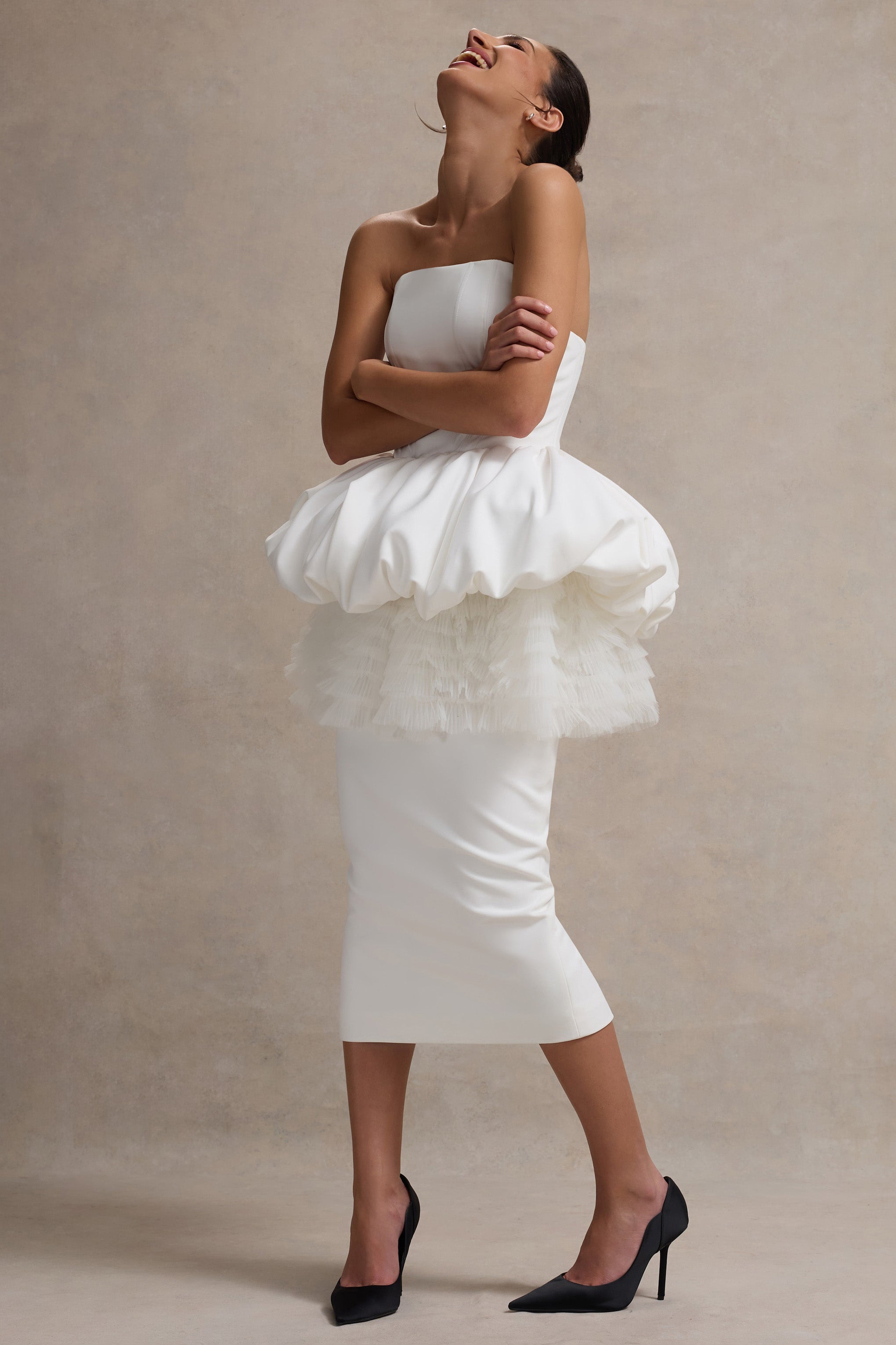 Jones | Tül Peplum Bel Detaylı Beyaz Straplez Midi Elbise