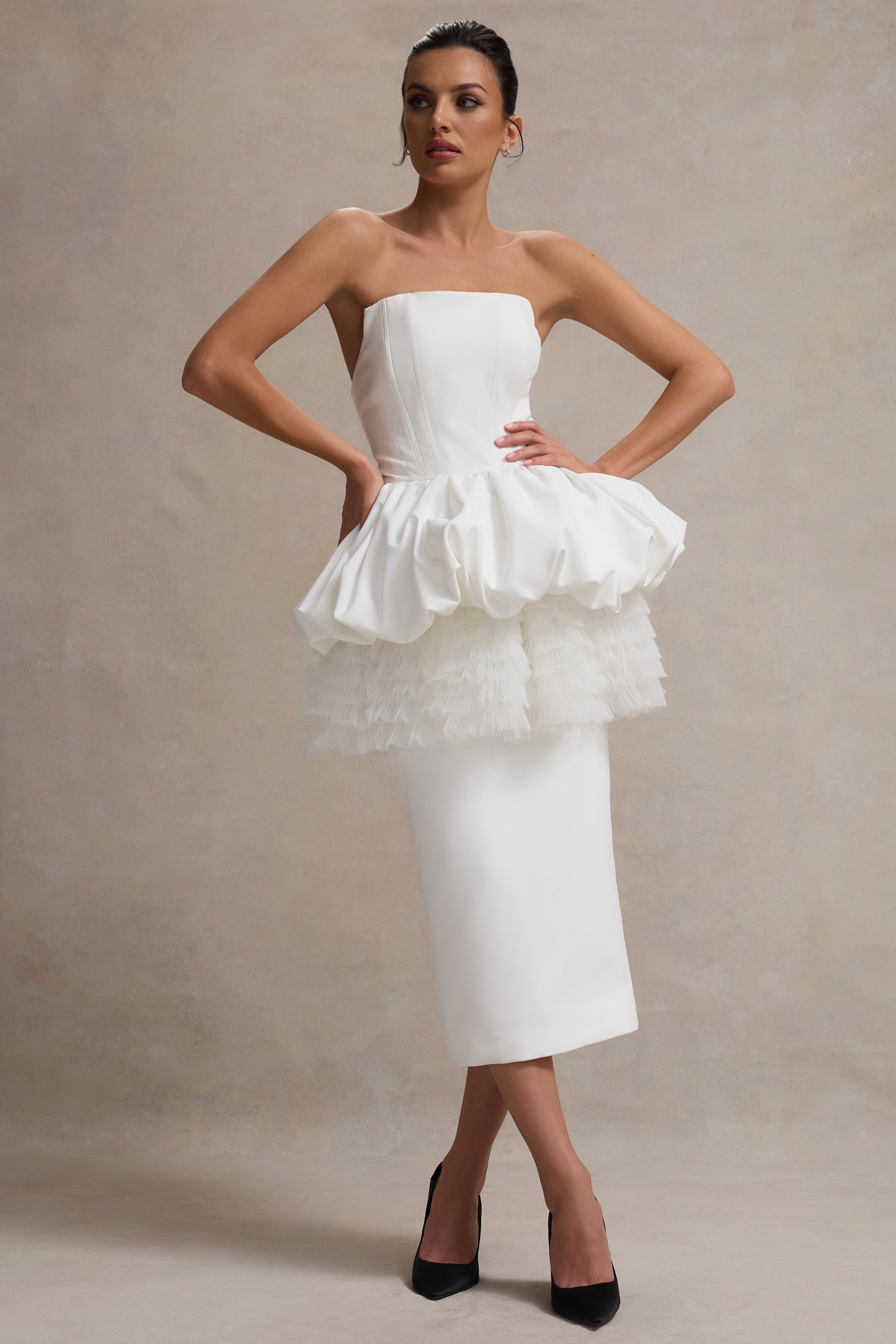 Jones | Tül Peplum Bel Detaylı Beyaz Straplez Midi Elbise